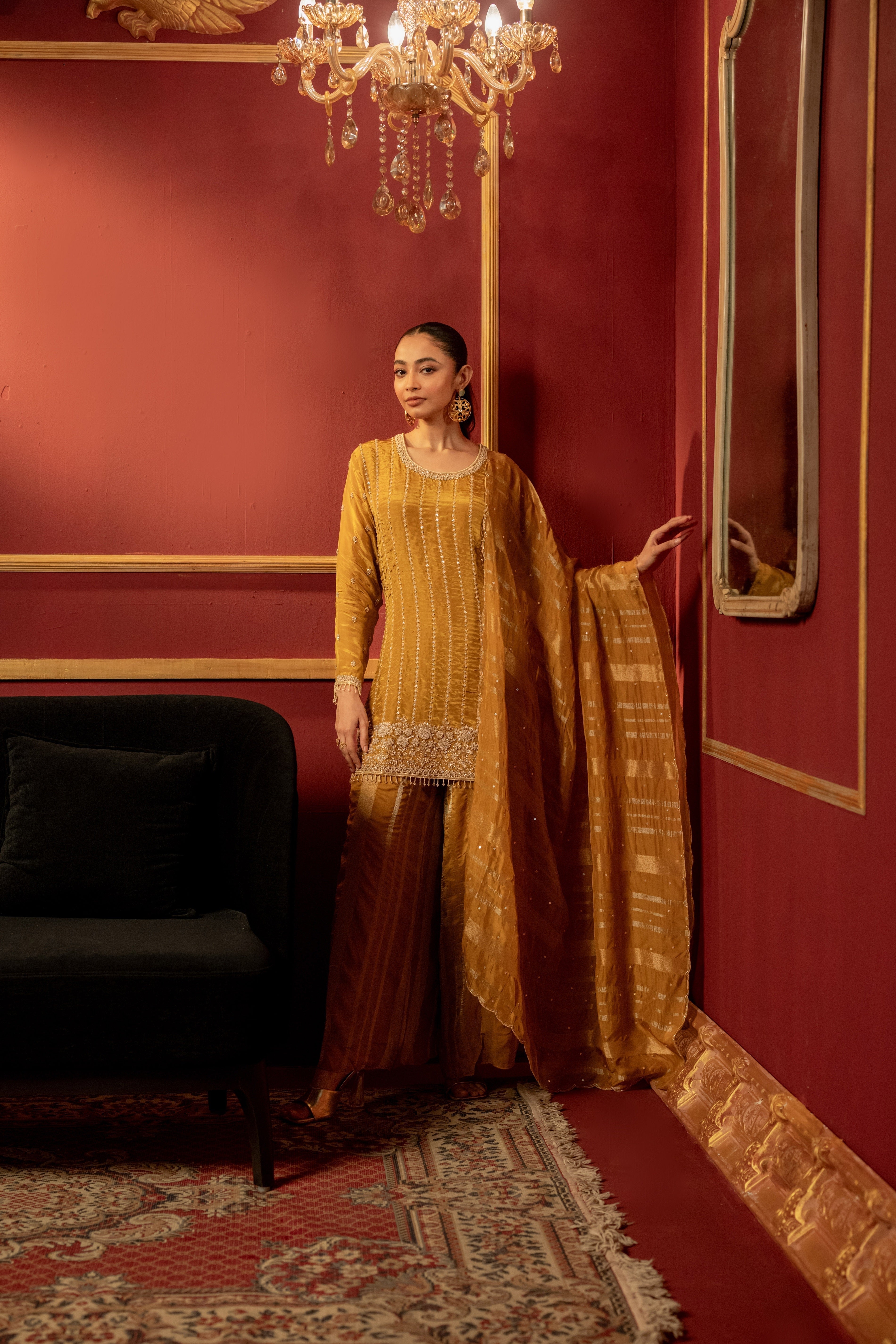 Deep Yellow Embellished Premium Silk Palazzo Set