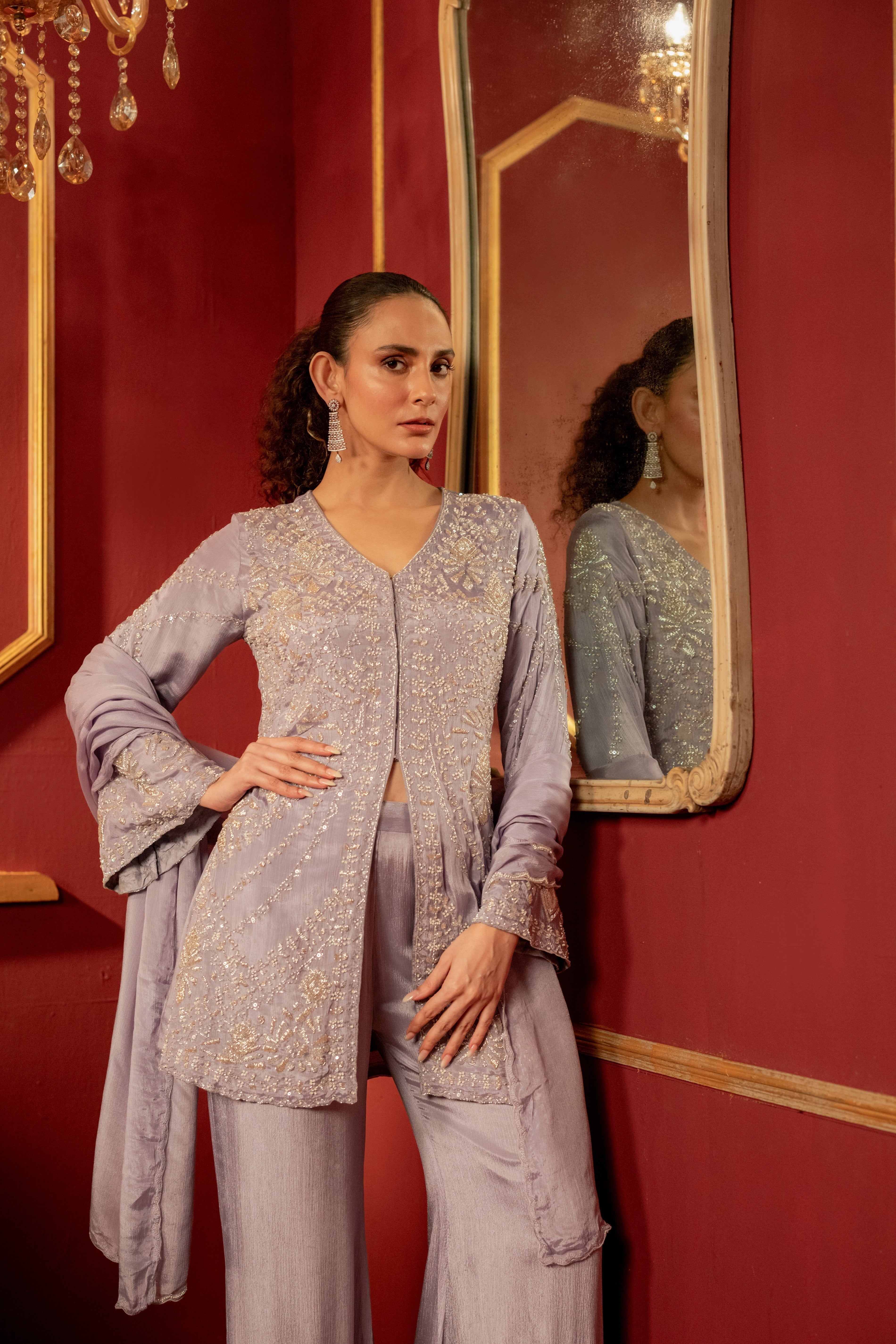 Lilac Purple Embellished Chinon Silk Palazzo Set