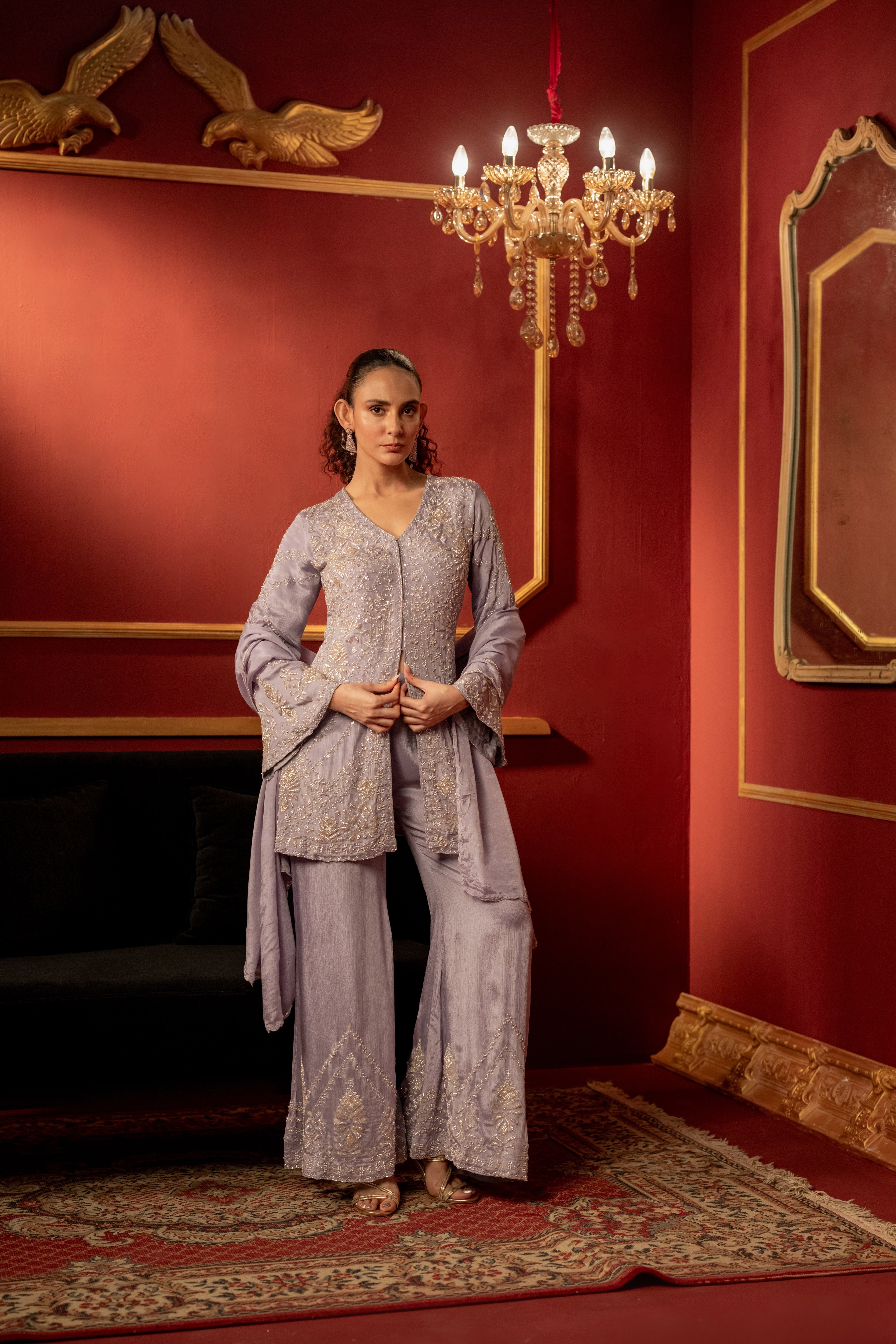 Lilac Purple Embellished Chinon Silk Palazzo Set