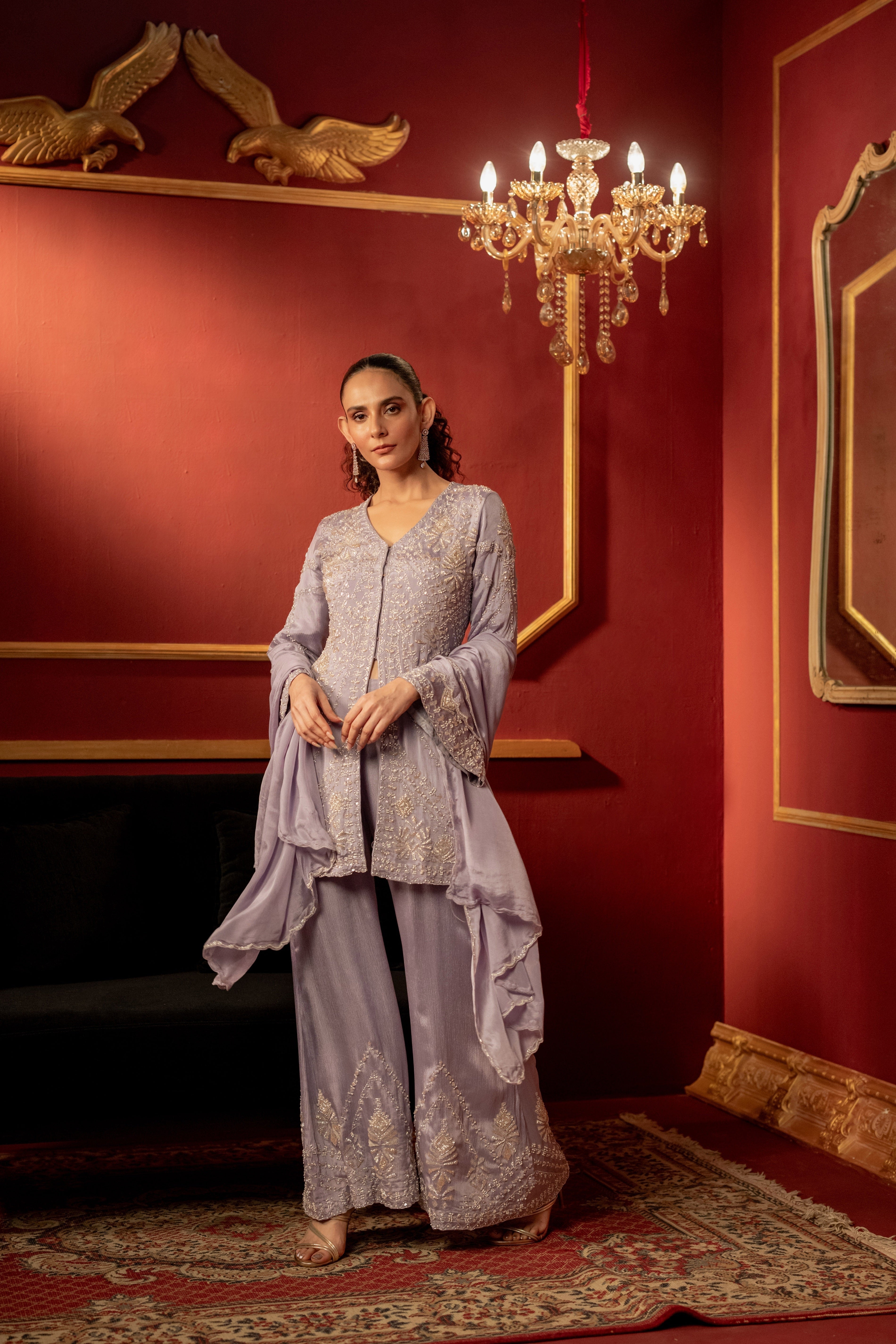 Lilac Purple Embellished Chinon Silk Palazzo Set