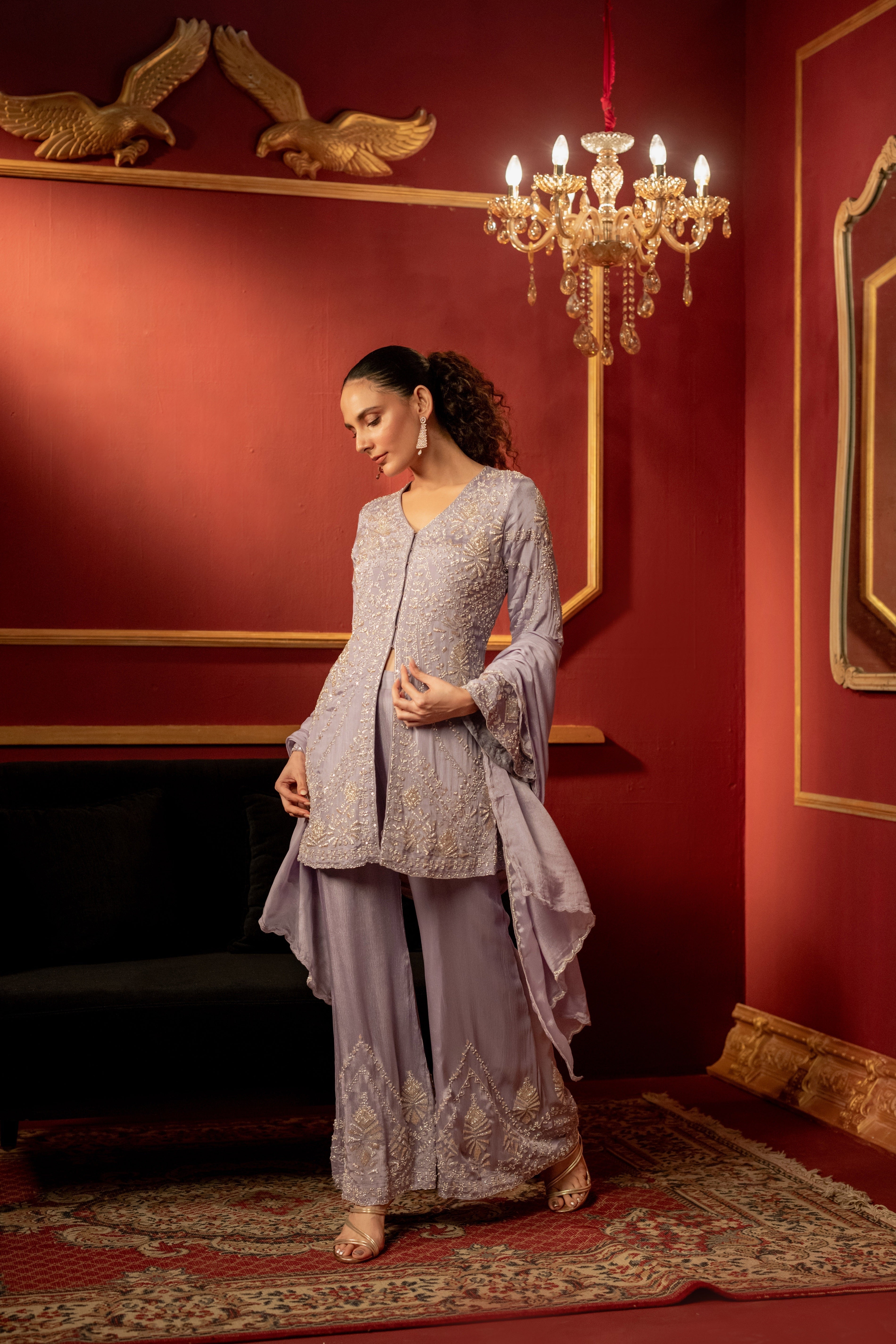 Lilac Purple Embellished Chinon Silk Palazzo Set