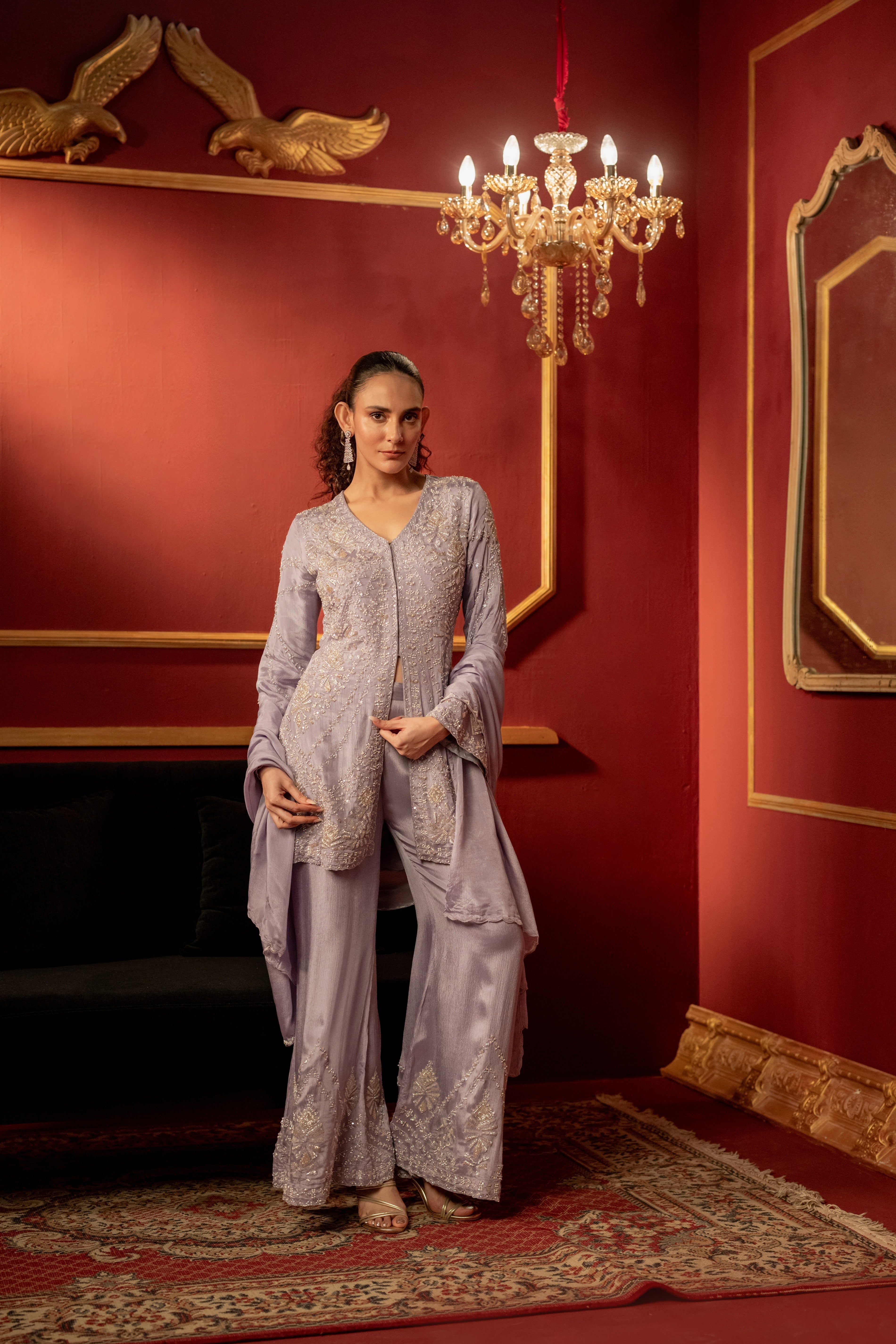 Lilac Purple Embellished Chinon Silk Palazzo Set