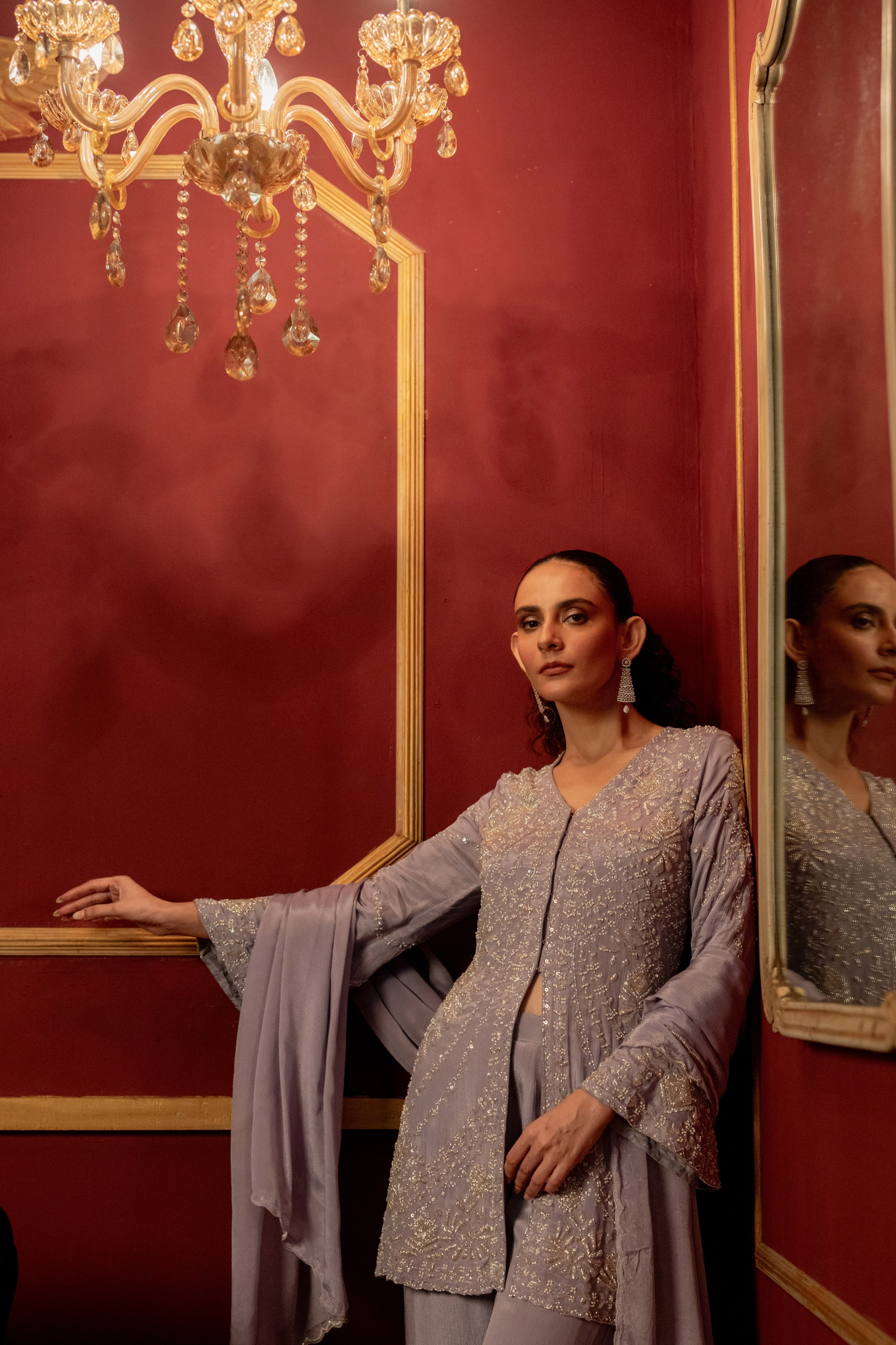 Lilac Purple Embellished Chinon Silk Palazzo Set