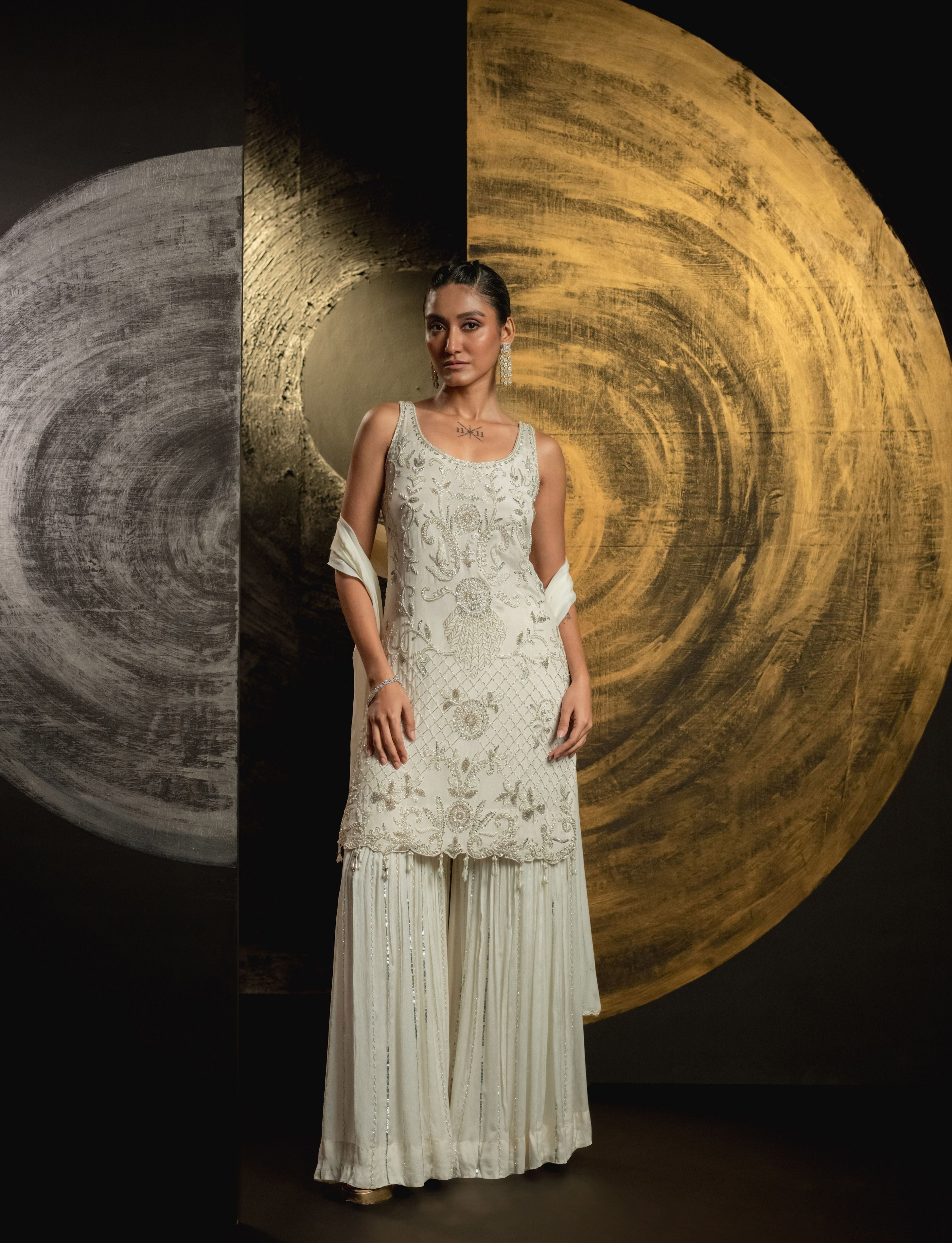 Classic White Embellished Chinon Silk Palazzo Set