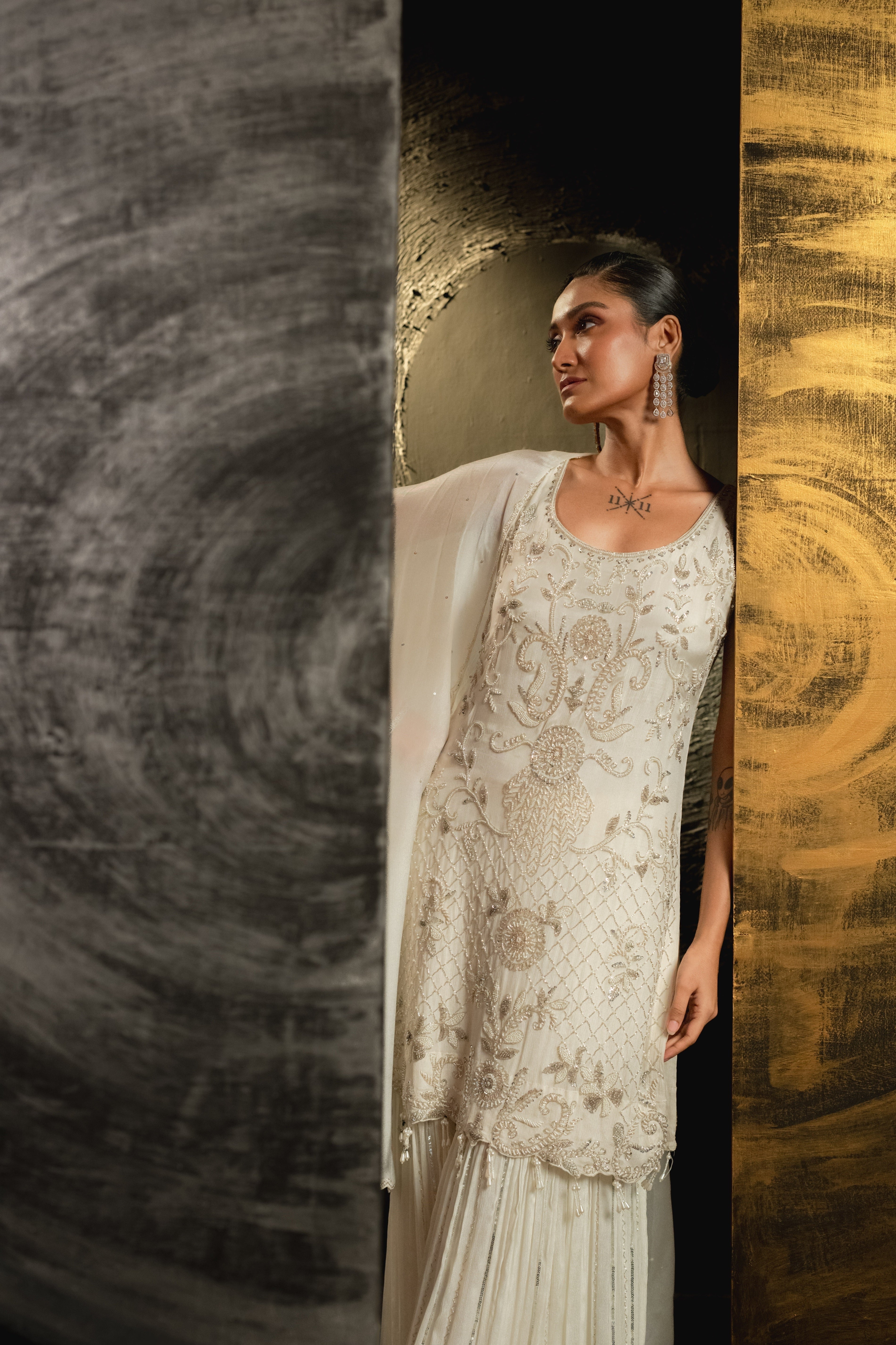 Classic White Embellished Chinon Silk Palazzo Set