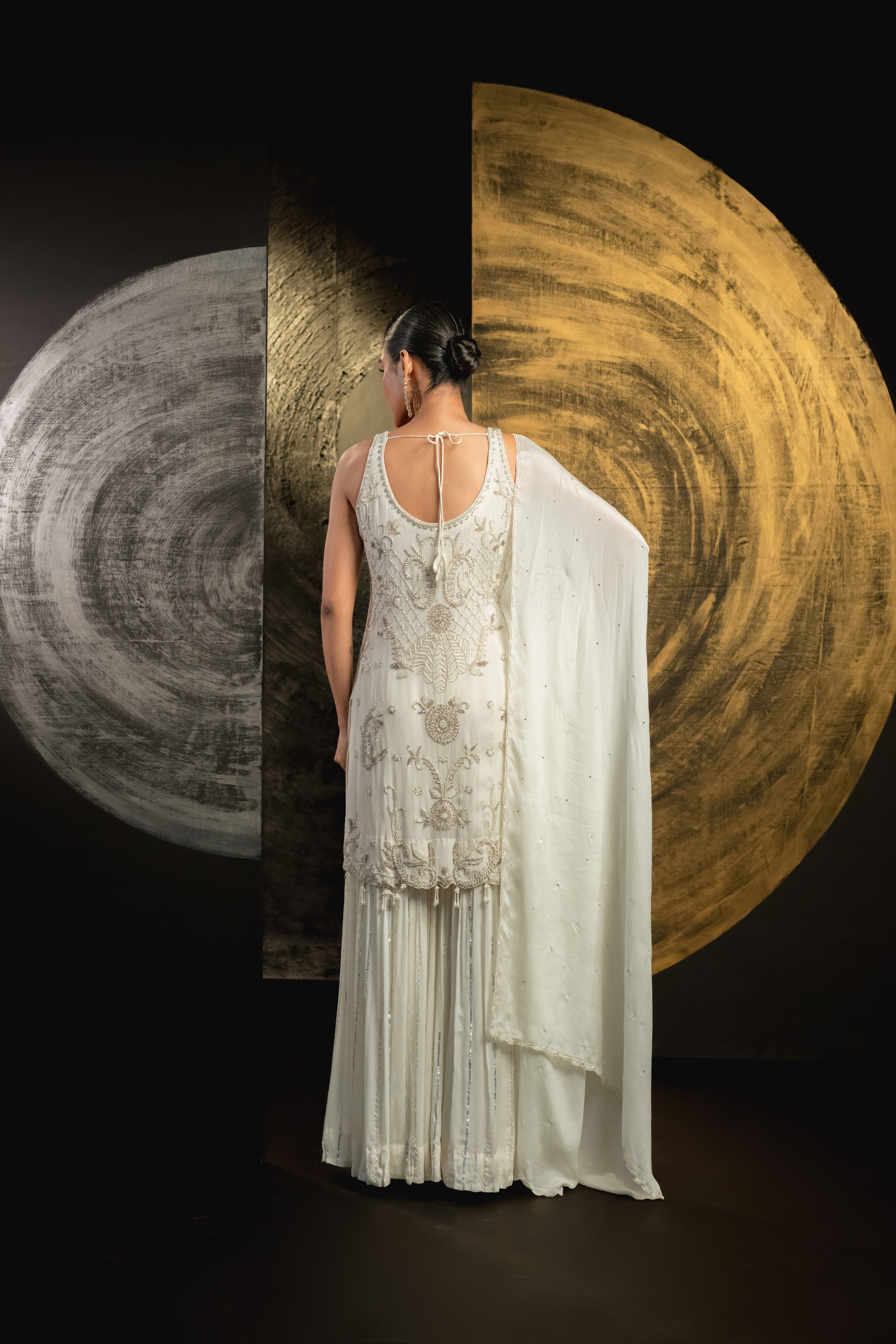 Classic White Embellished Chinon Silk Palazzo Set