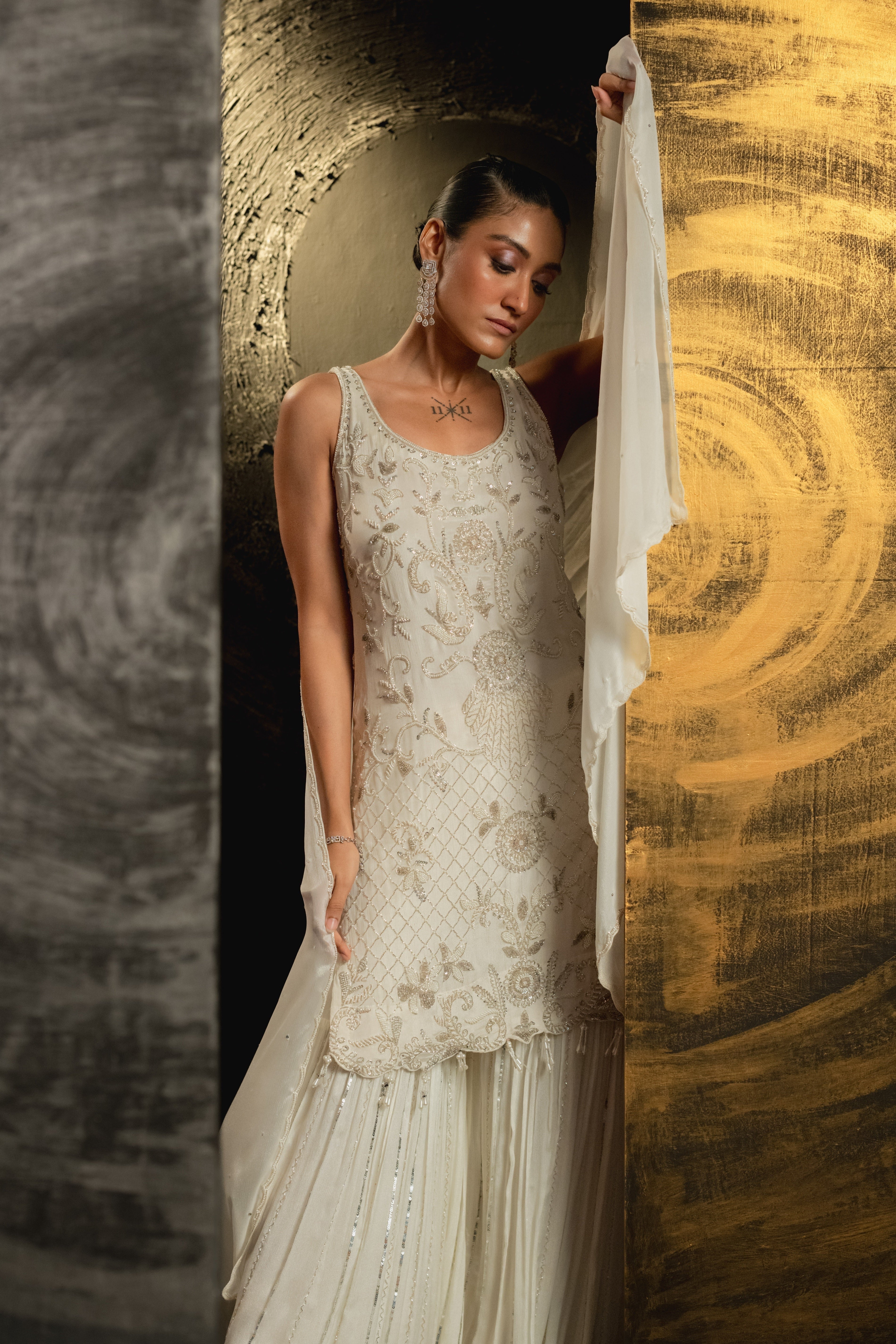 Classic White Embellished Chinon Silk Palazzo Set