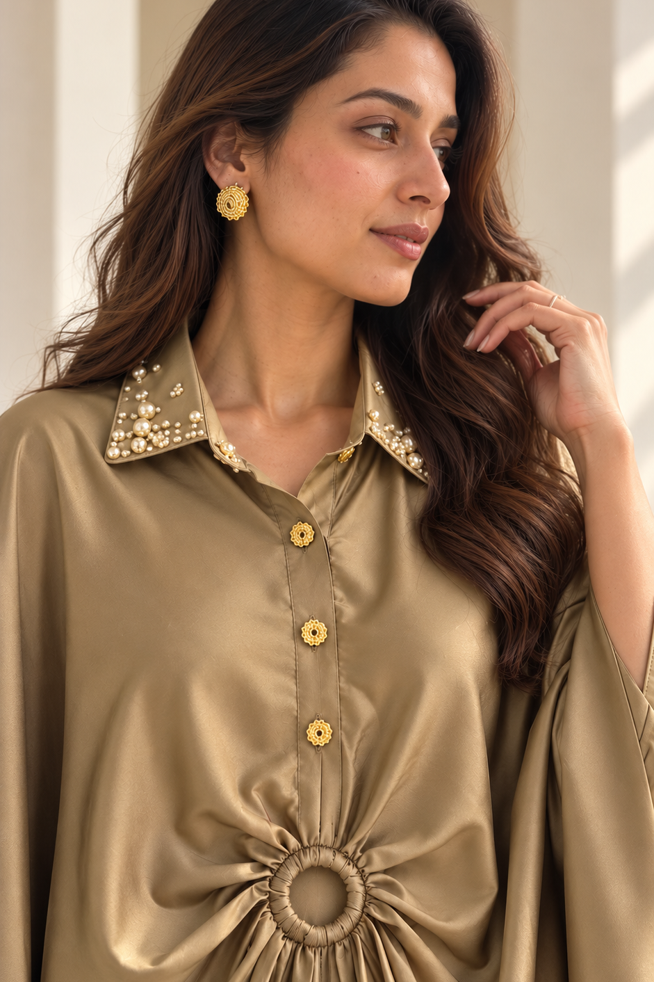 Antique Gold Embellished Satin Crepe Silk Dress