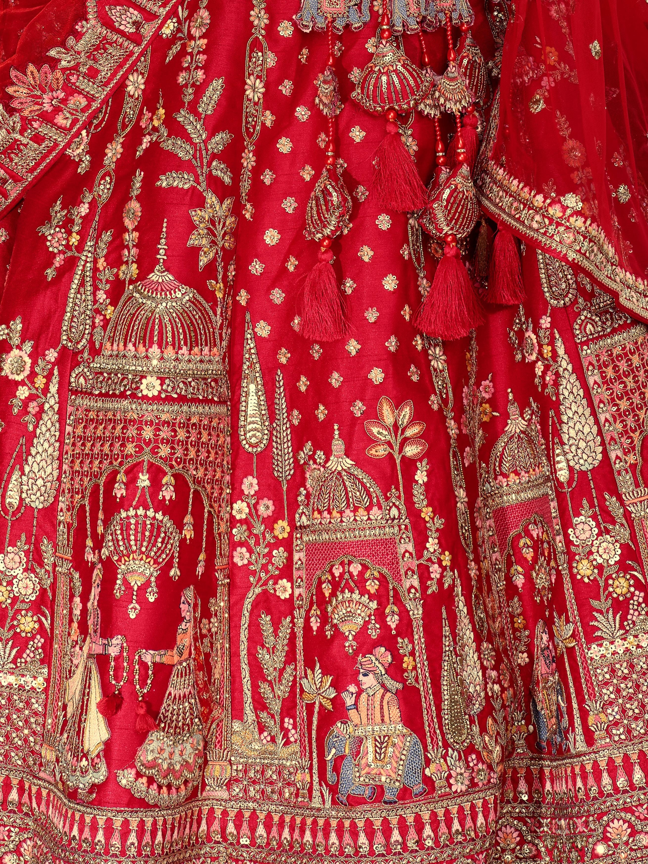 Bright Red  Embellished Premium Silk Lehenga Set