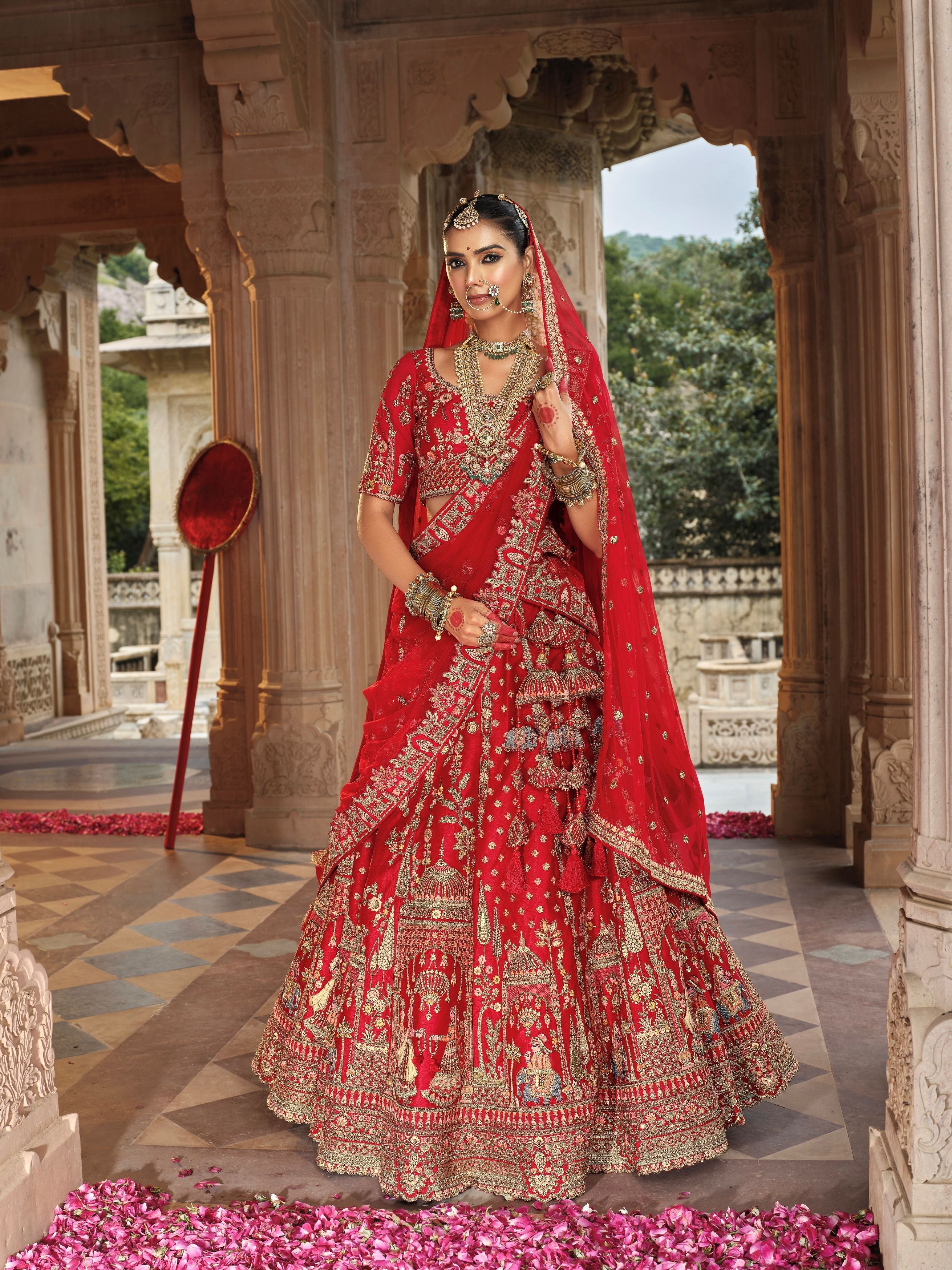 Bright Red  Embellished Premium Silk Lehenga Set