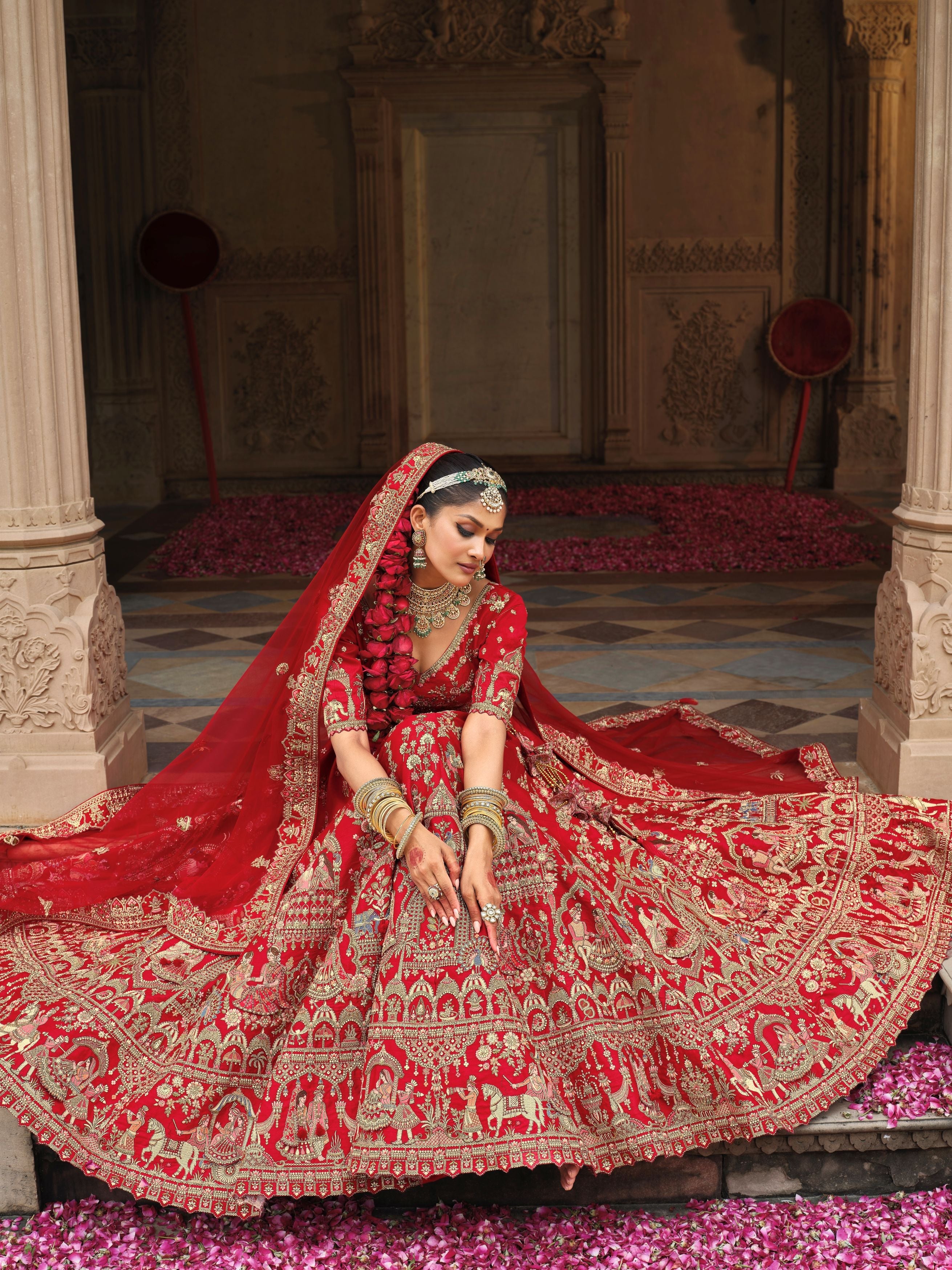 Spanish Red Embellished Premium Silk Bridal Lehenga Set