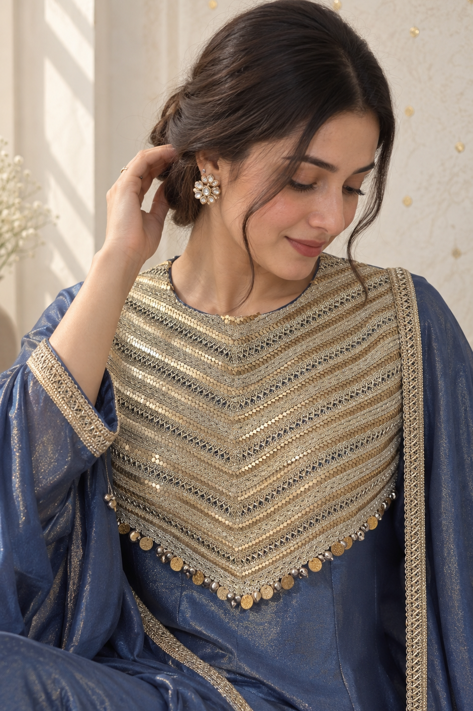 Smoky Blue Embellished Shimmer Tissue Silk Anarkali Set