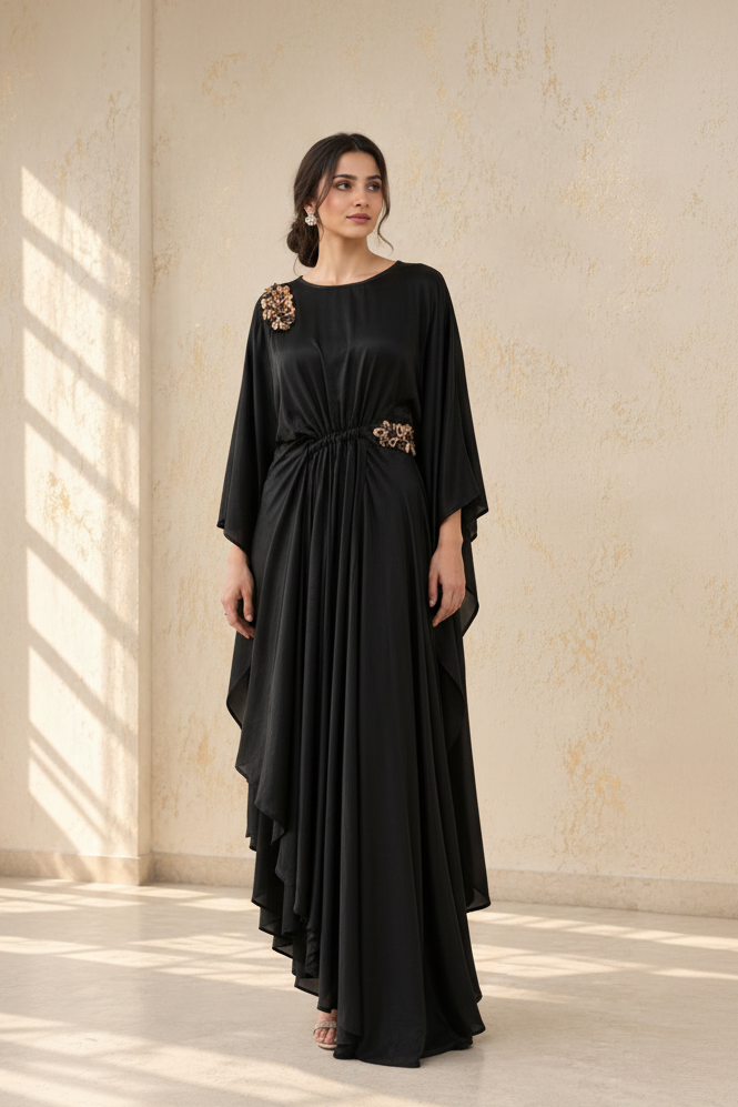 Coal Black Embellished Satin Crepe Kaftan Gown