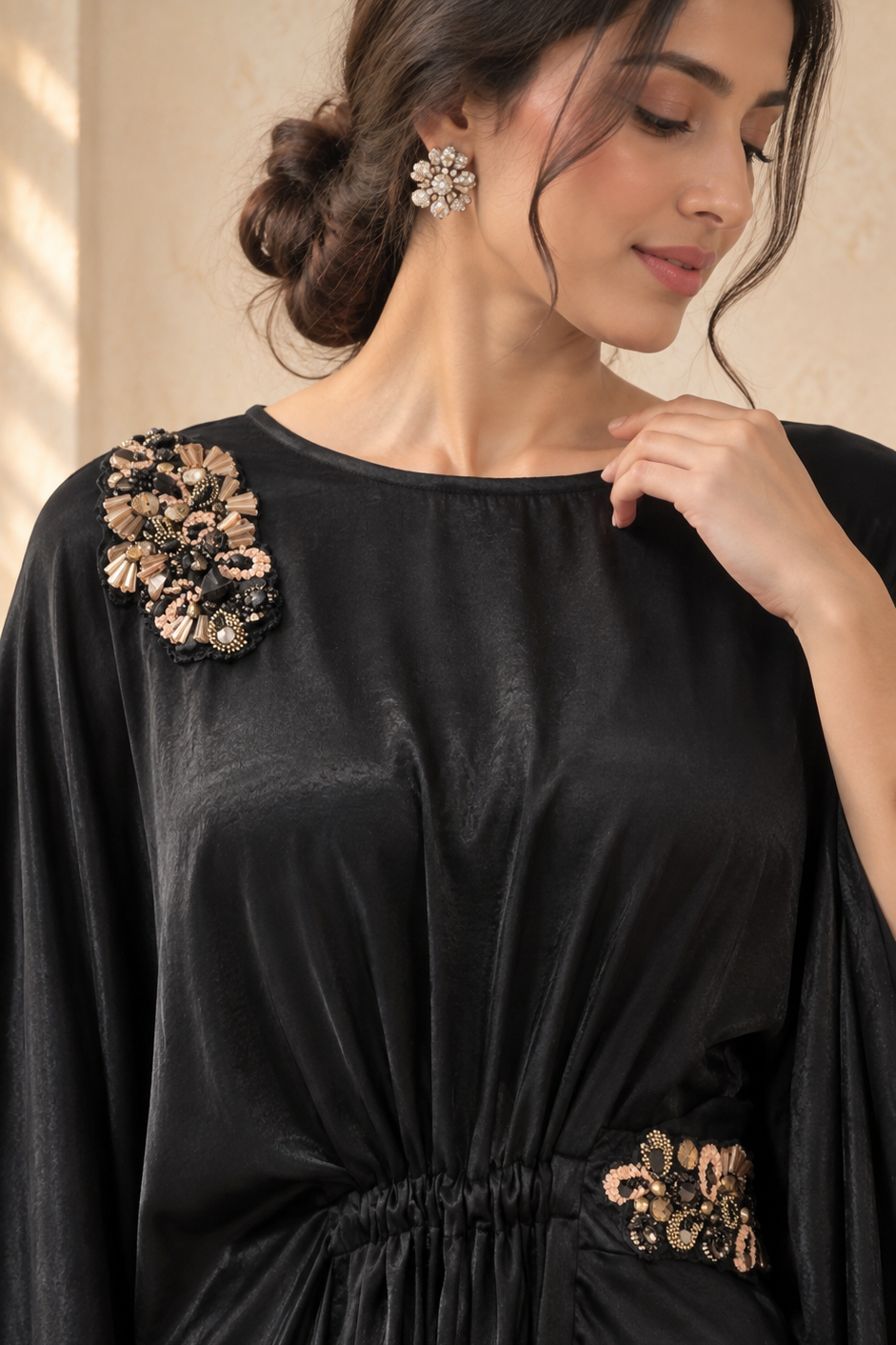 Coal Black Embellished Satin Crepe Kaftan Gown