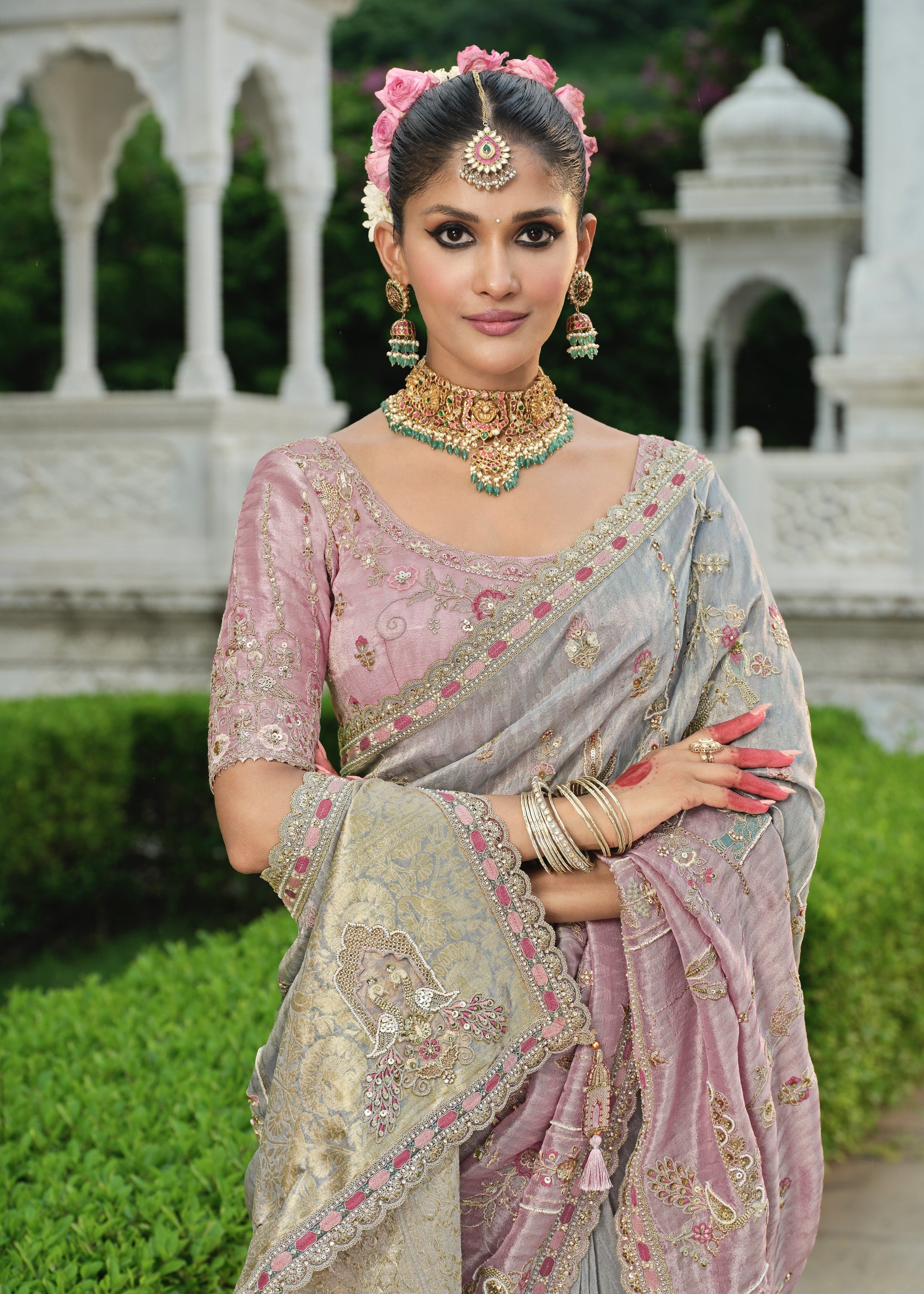 Ash Grey Embellished Tissue Organza Silk Saree