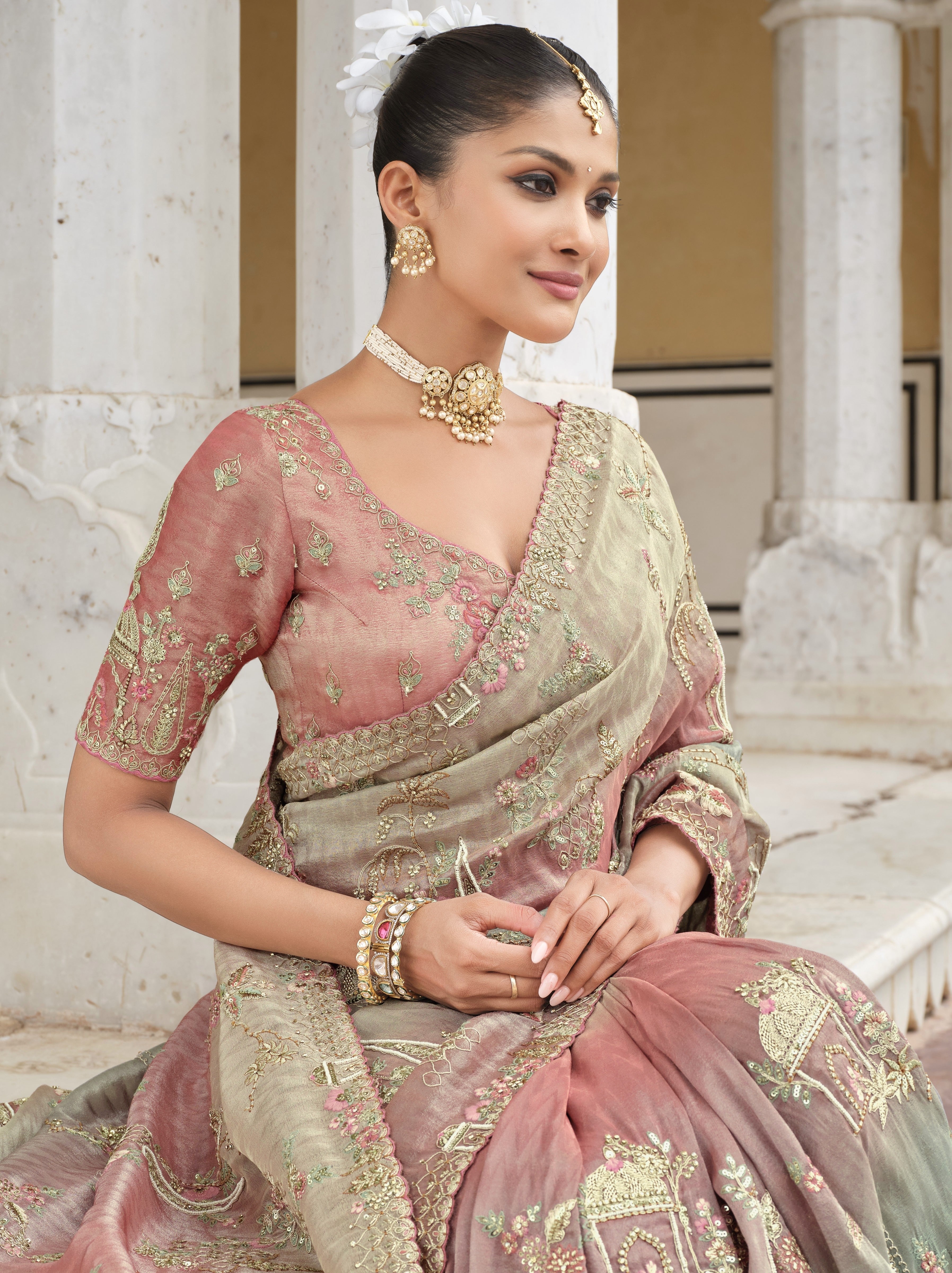 Dusty Rose Embellished Shimmer Tissue Silk Saree