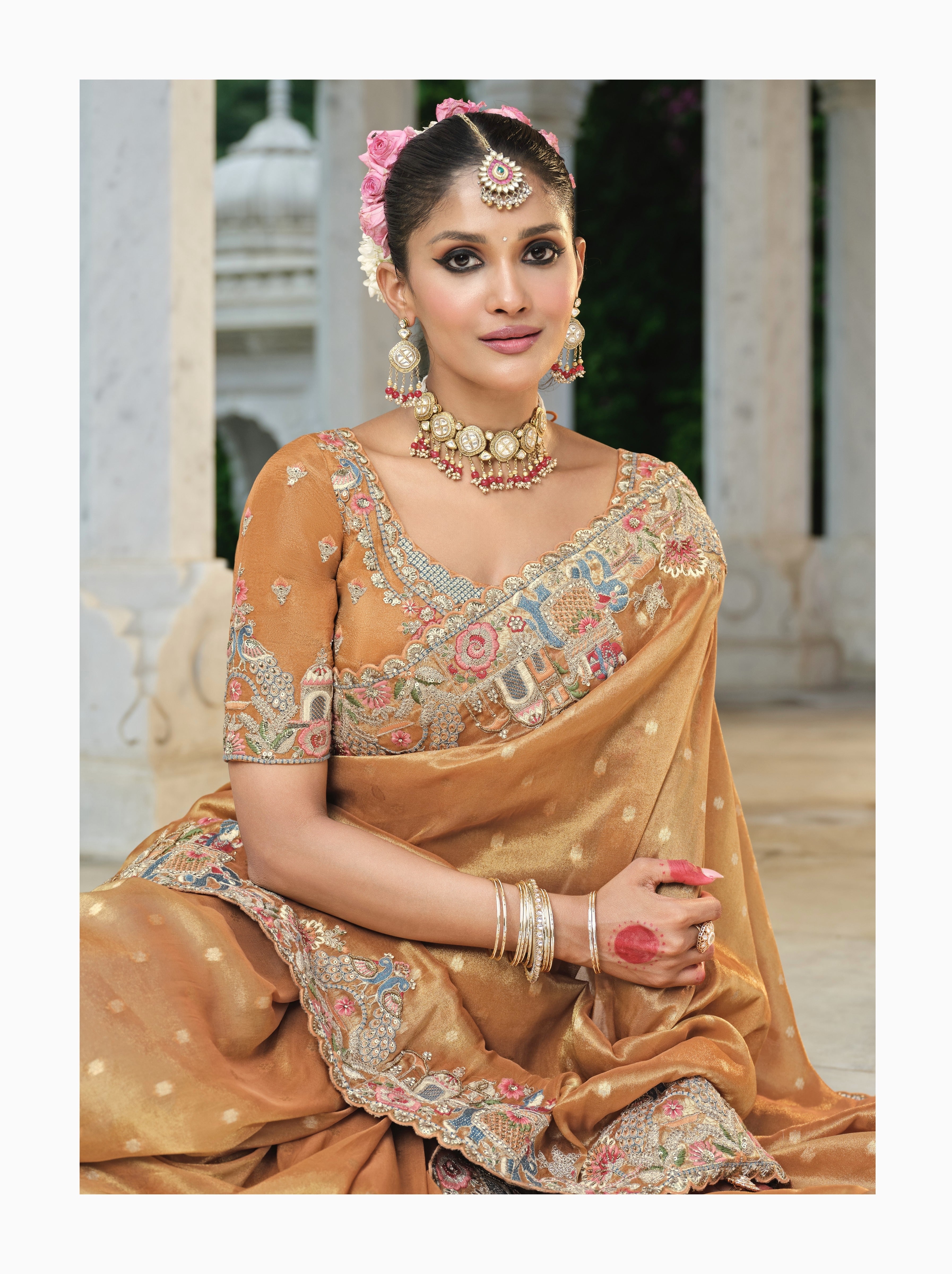 Antique Gold Embellished Banarasi Tissue Silk Saree