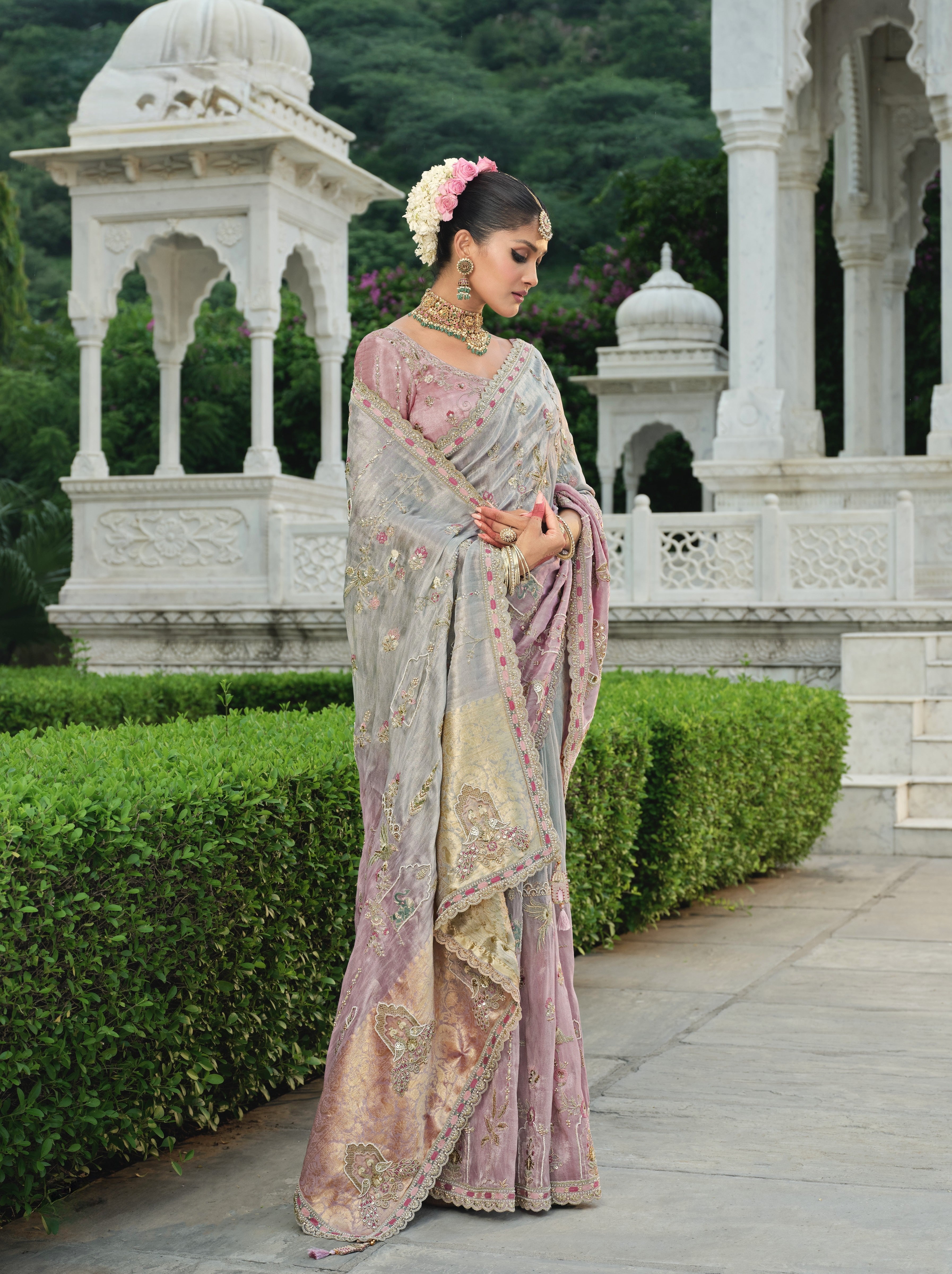 Ash Grey Embellished Tissue Organza Silk Saree