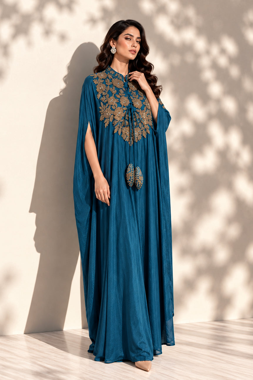 Peacock Blue Embellished Crepe Silk Cape Set
