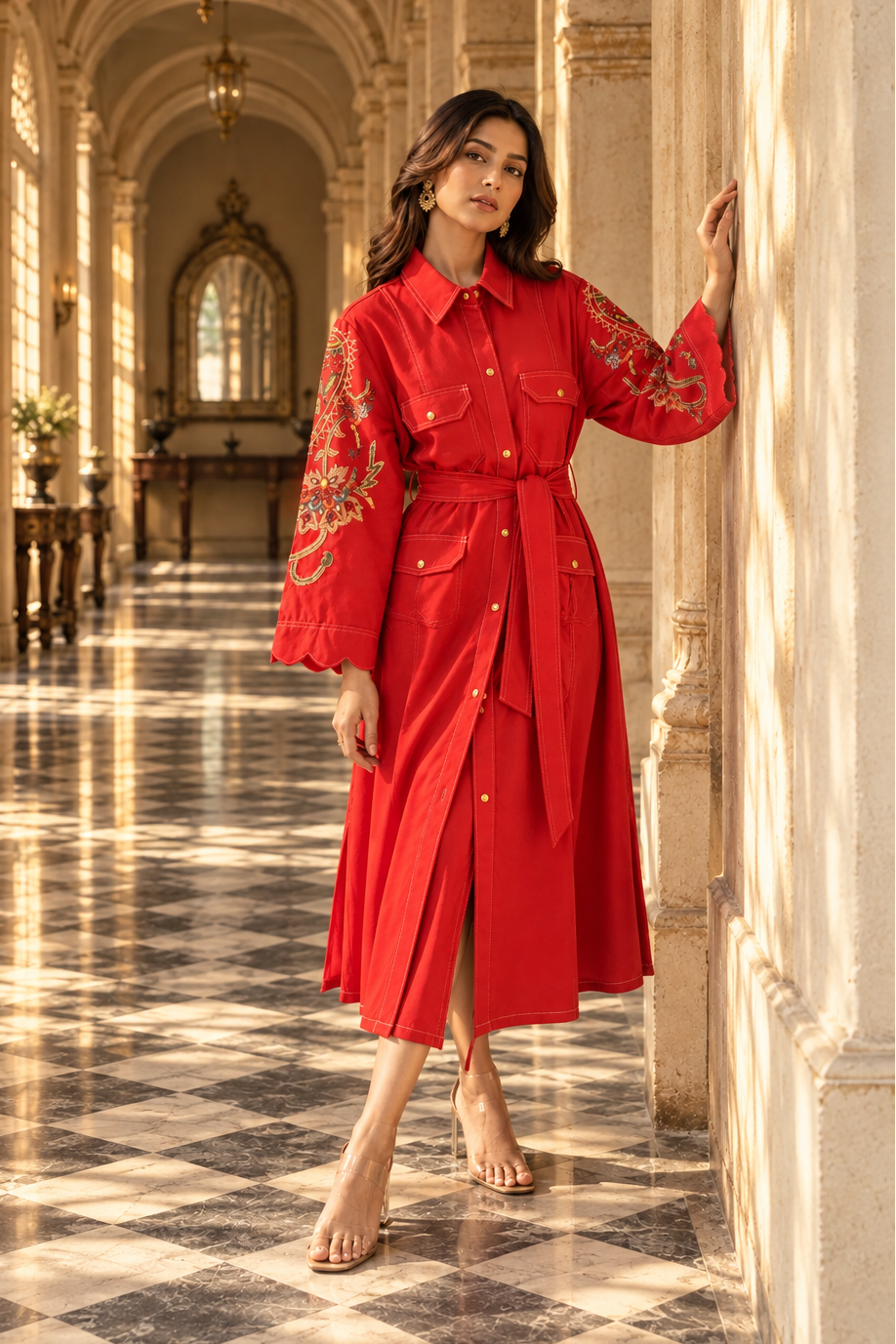 Crimson Red Embroidered Soft Denim Dress