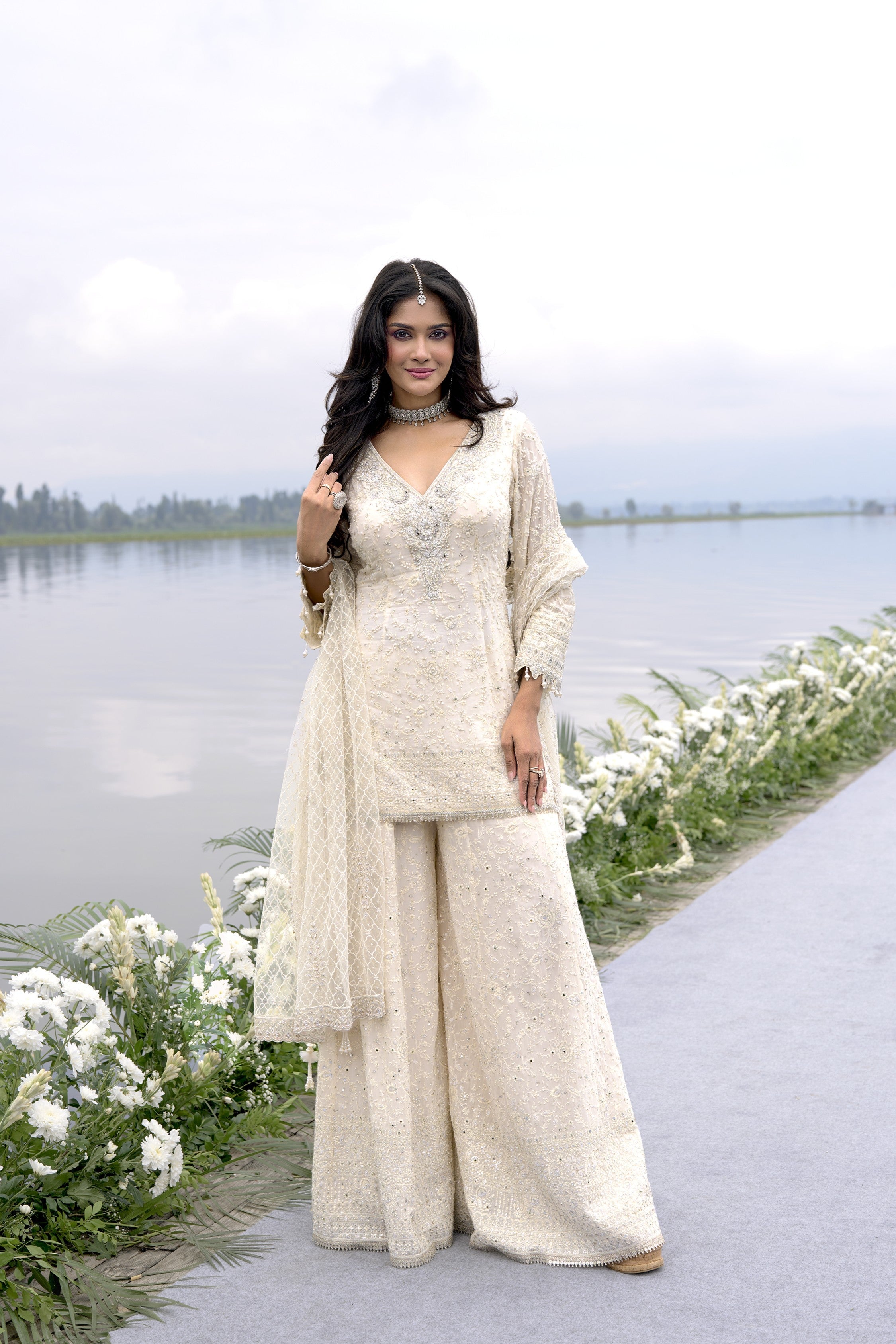 Ivory Charm Embroidered Palazzo Set