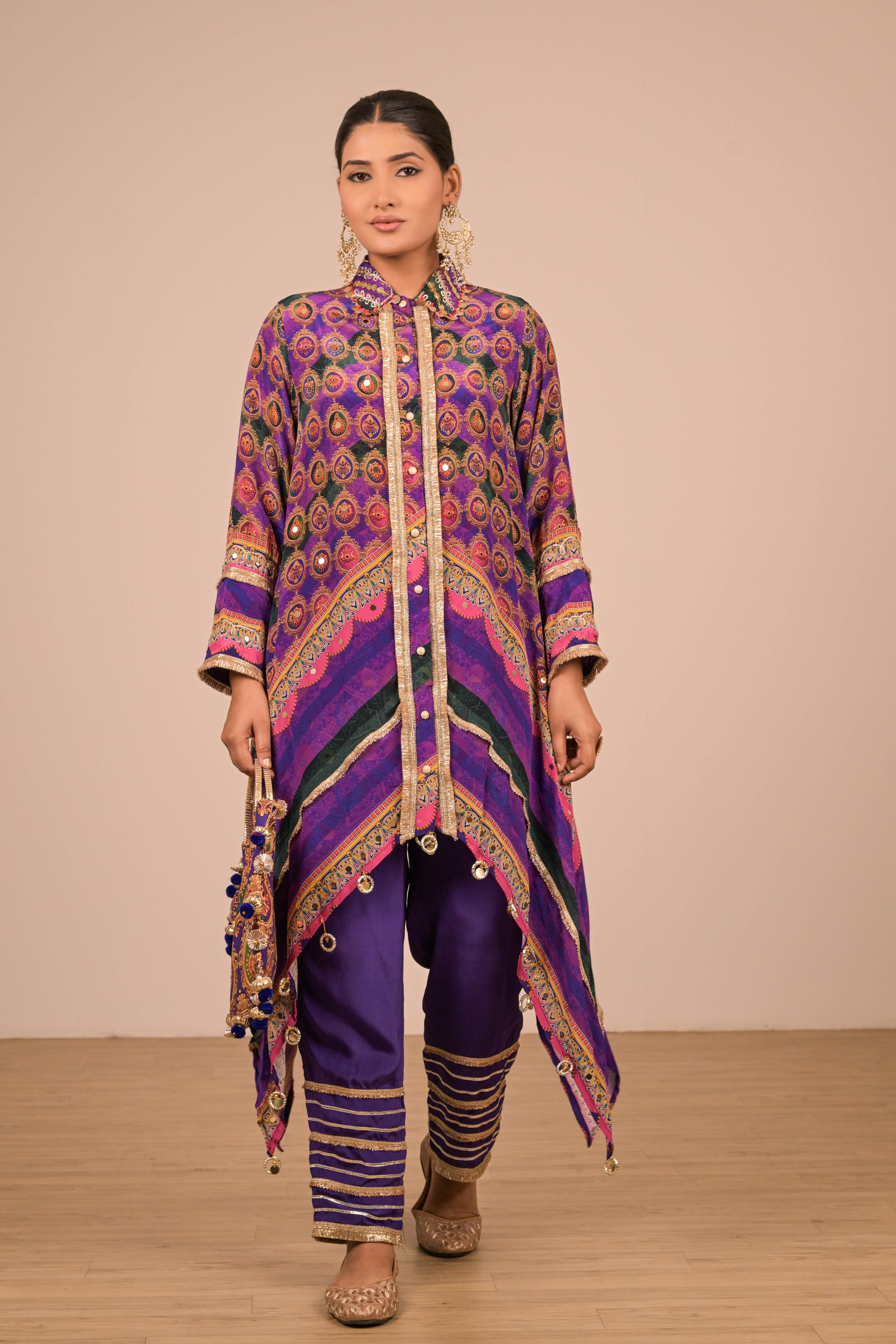 Asymmetrical Printed Kurta Set in Regal Purple