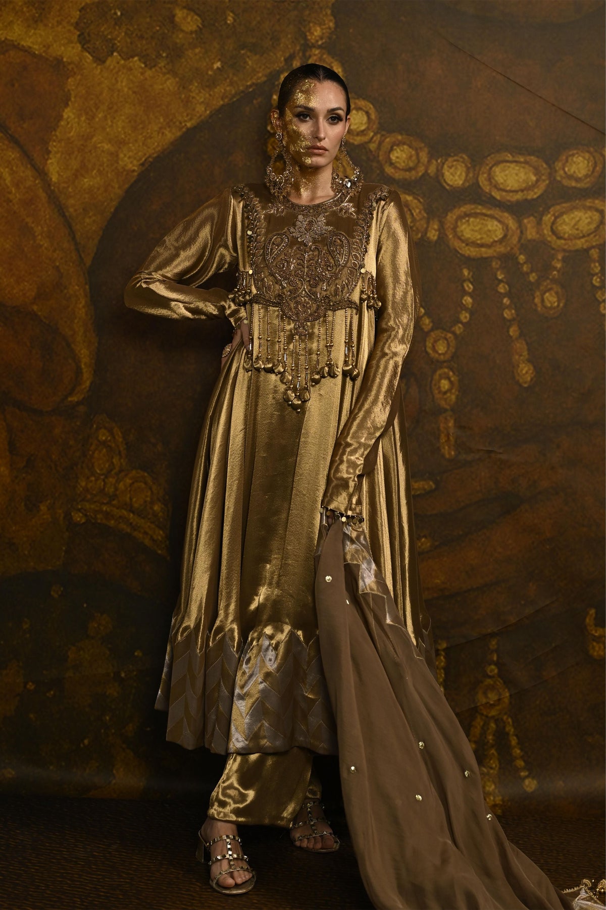 Antique Gold Embellished Banarasi Silk Tissue Anarkali Set