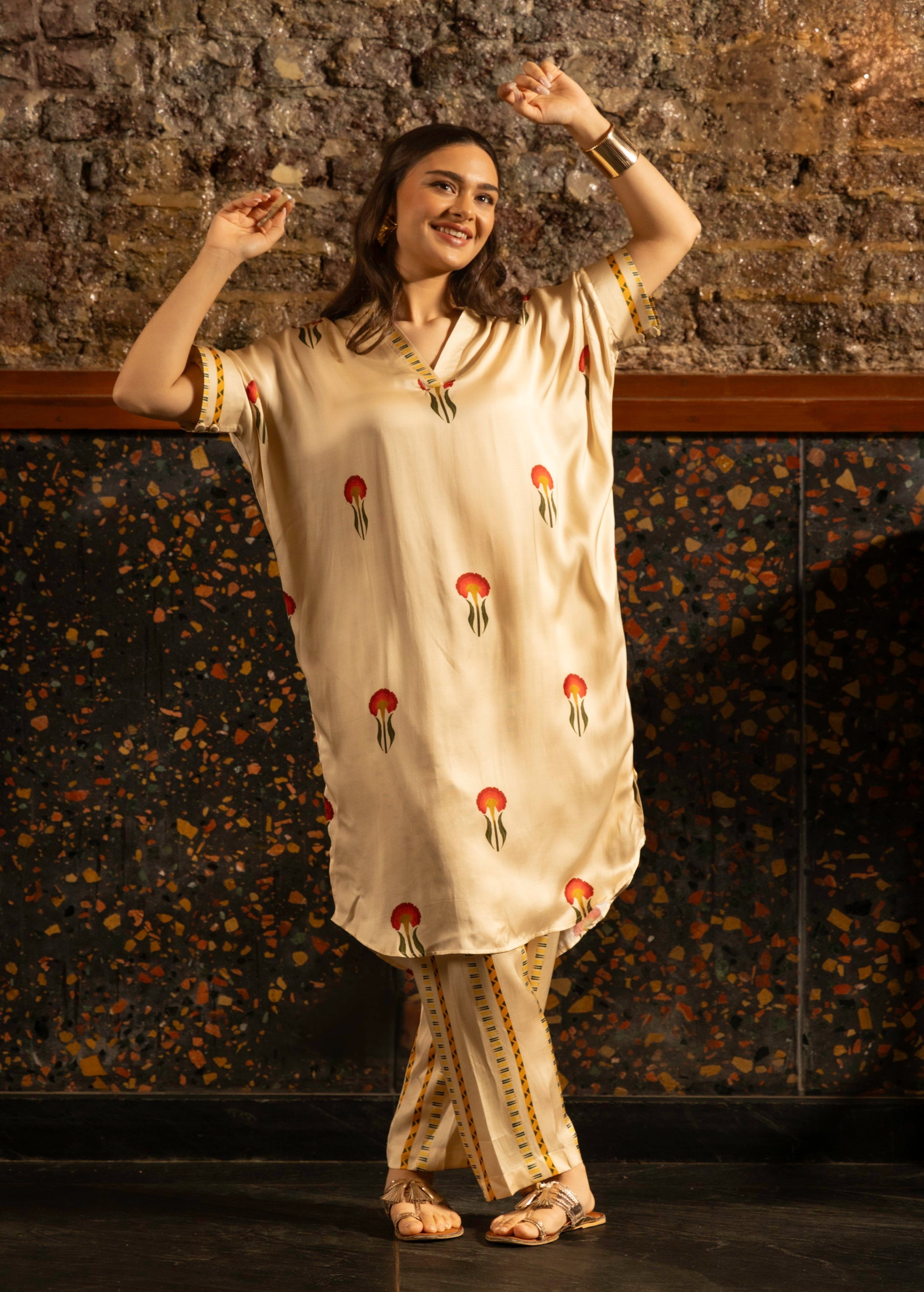 Ivory Botnical Printed Satin Silk Kurta Set