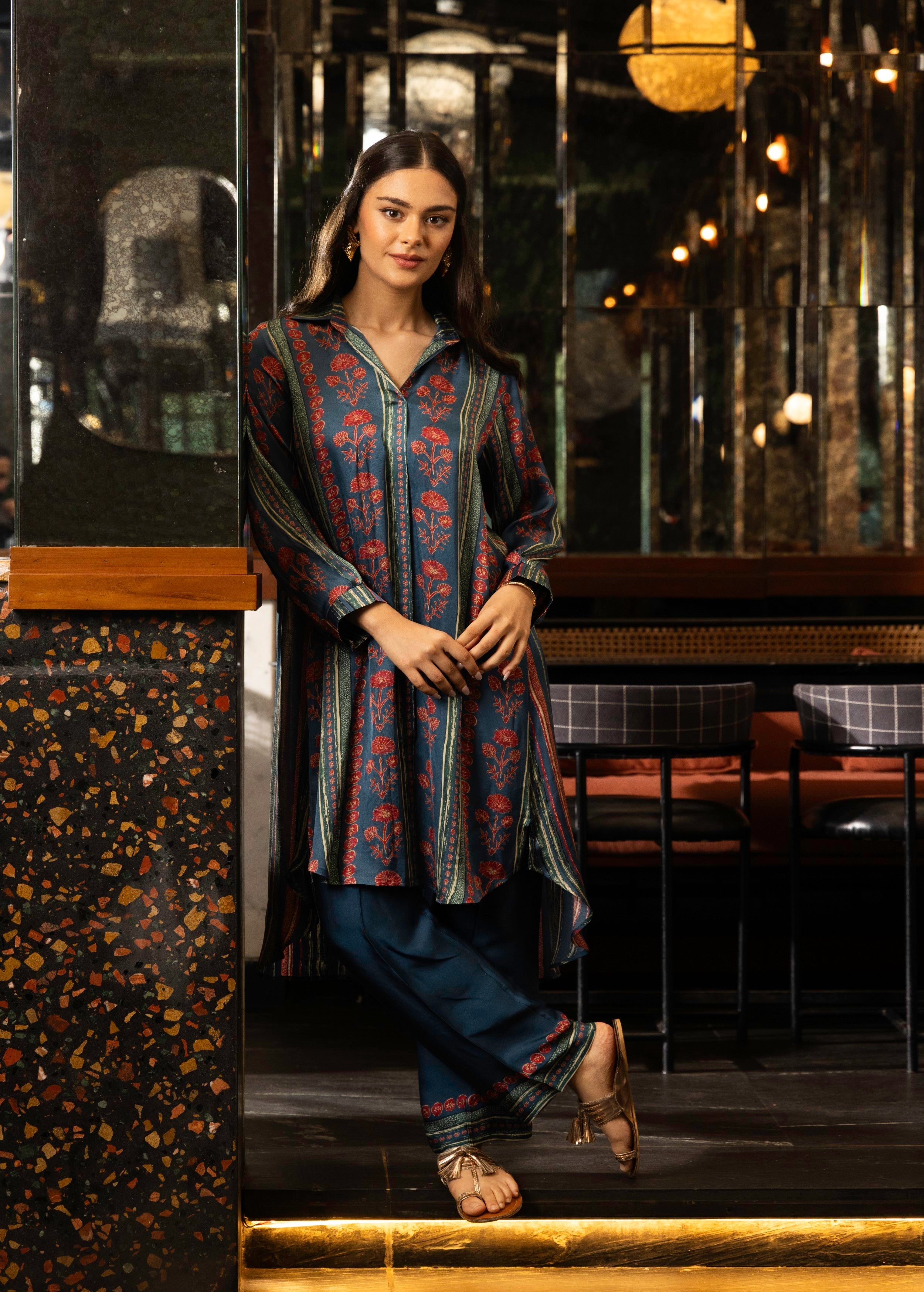 Blue Stripe Print Satin Silk Co-Ord Set