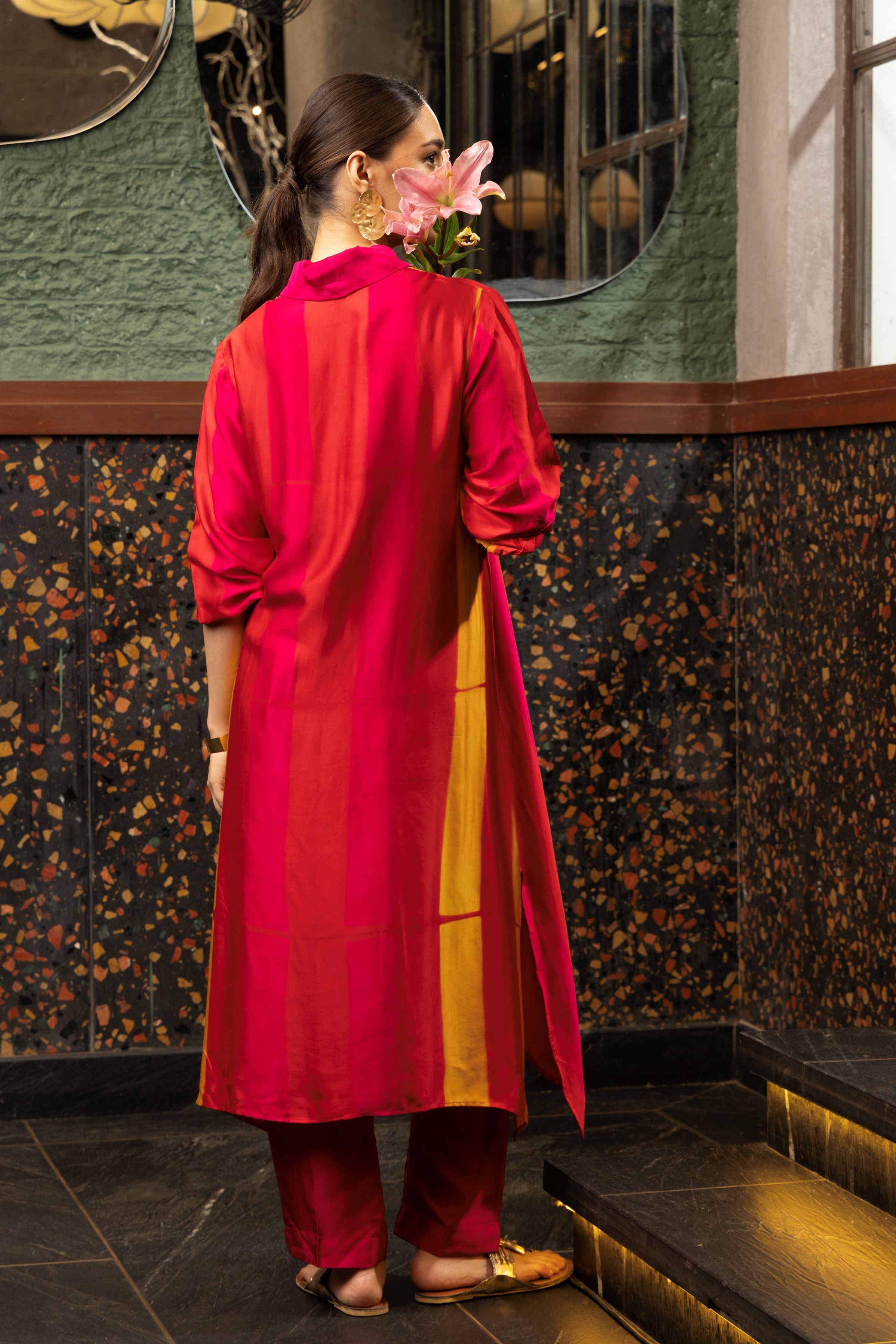 Magenta Pink Satin Silk Striped Kurta Set