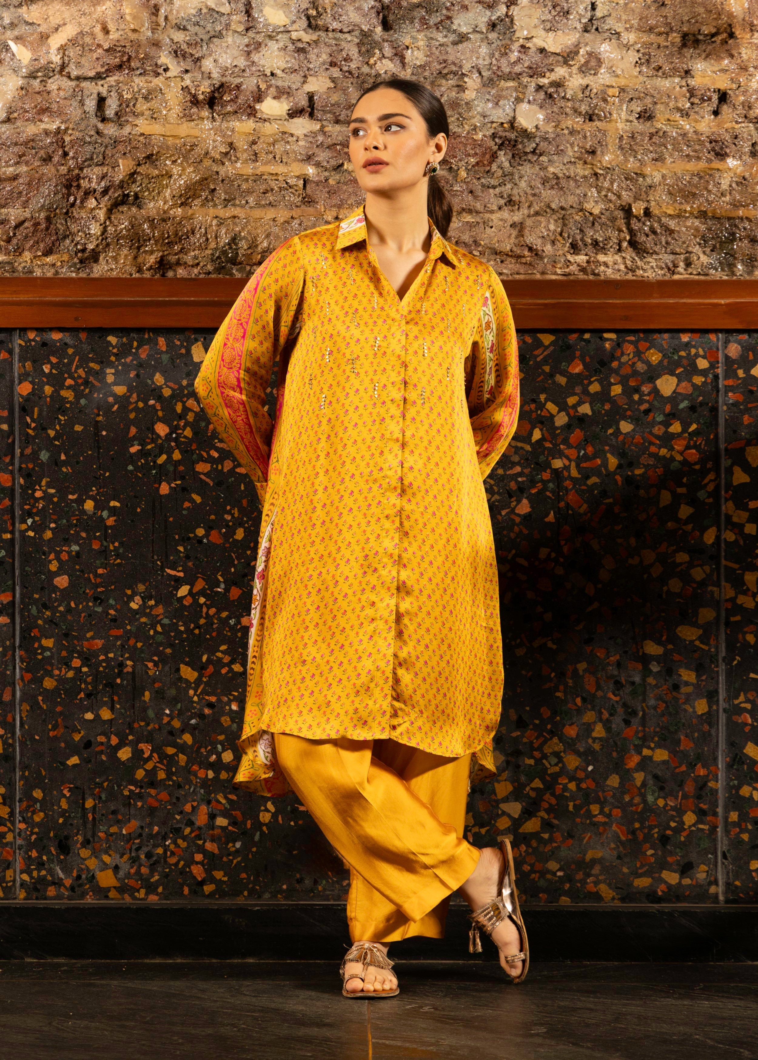 Mustard Yellow Printed Satin Silk Kurta Set
