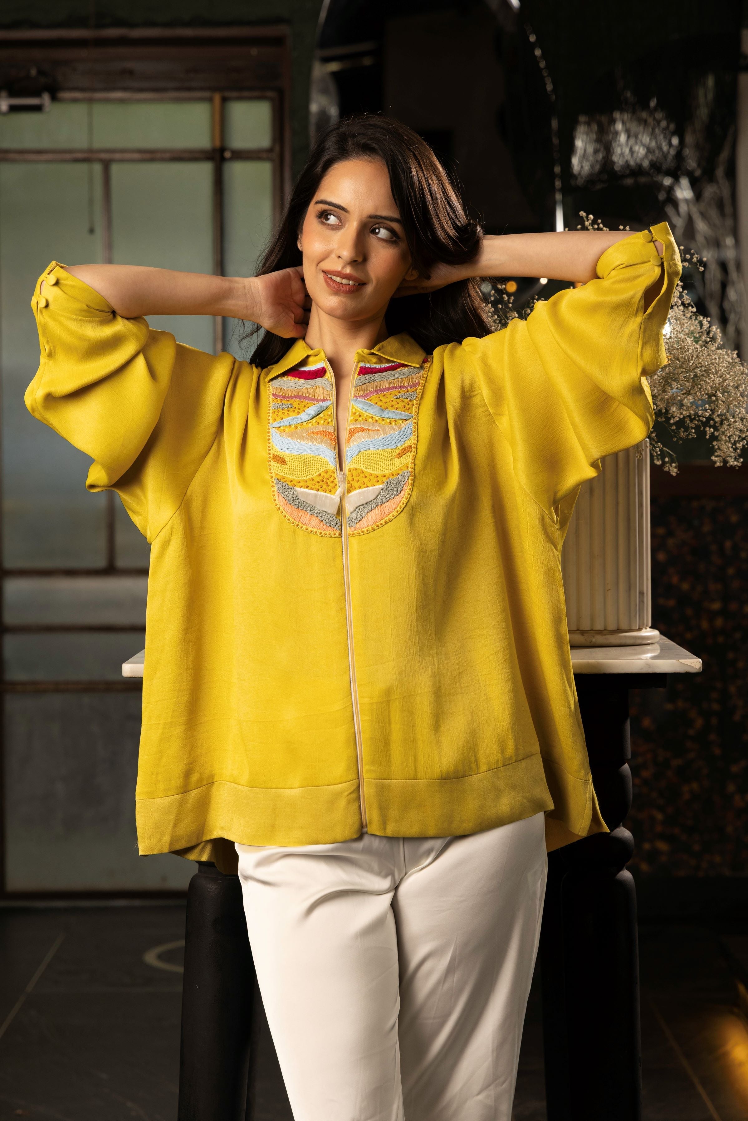 Mustard Yellow Satin Silk Embroidered Shirt