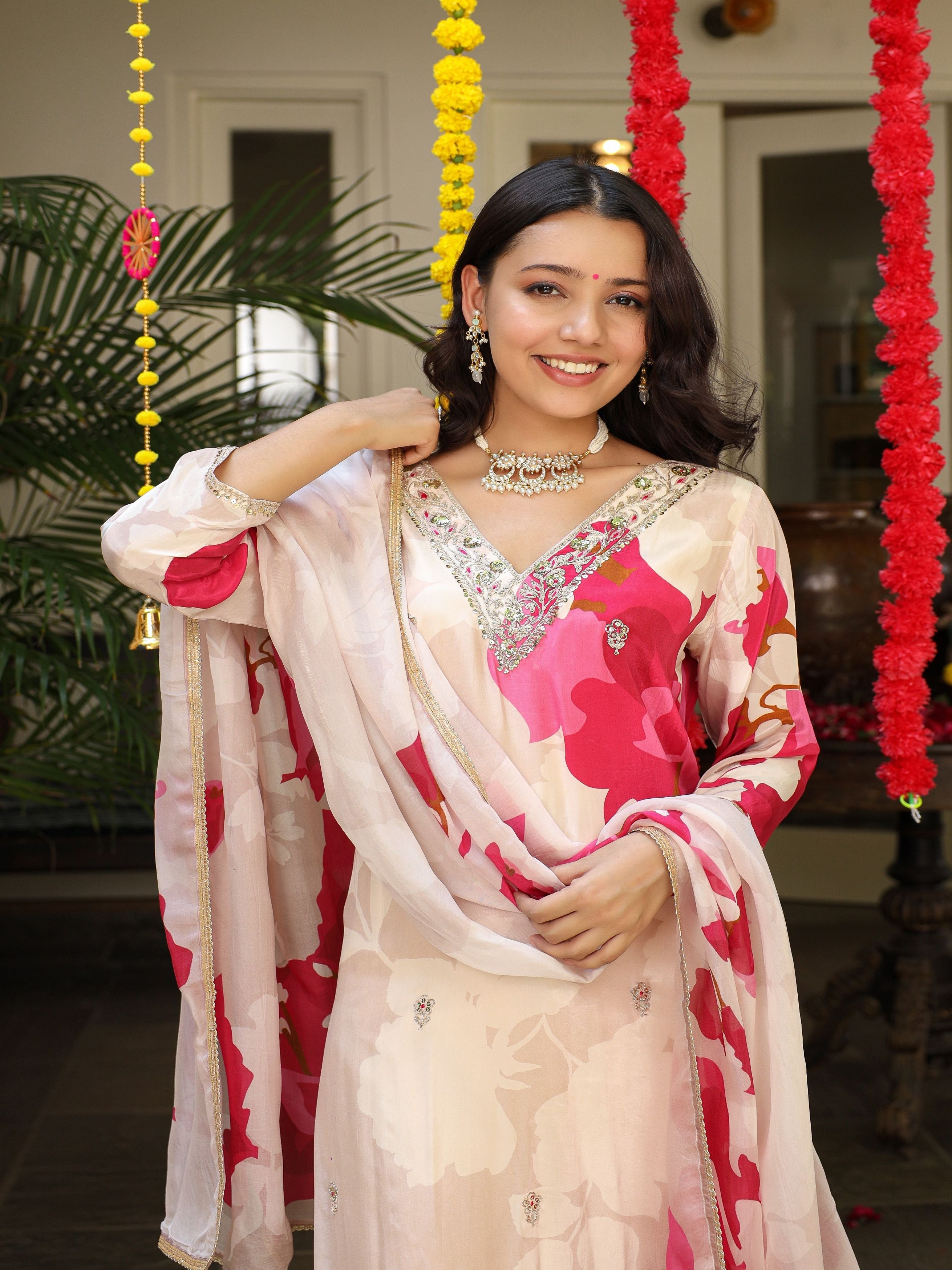 Bright Pink Embellished Muslin Silk Kurta Pant Set