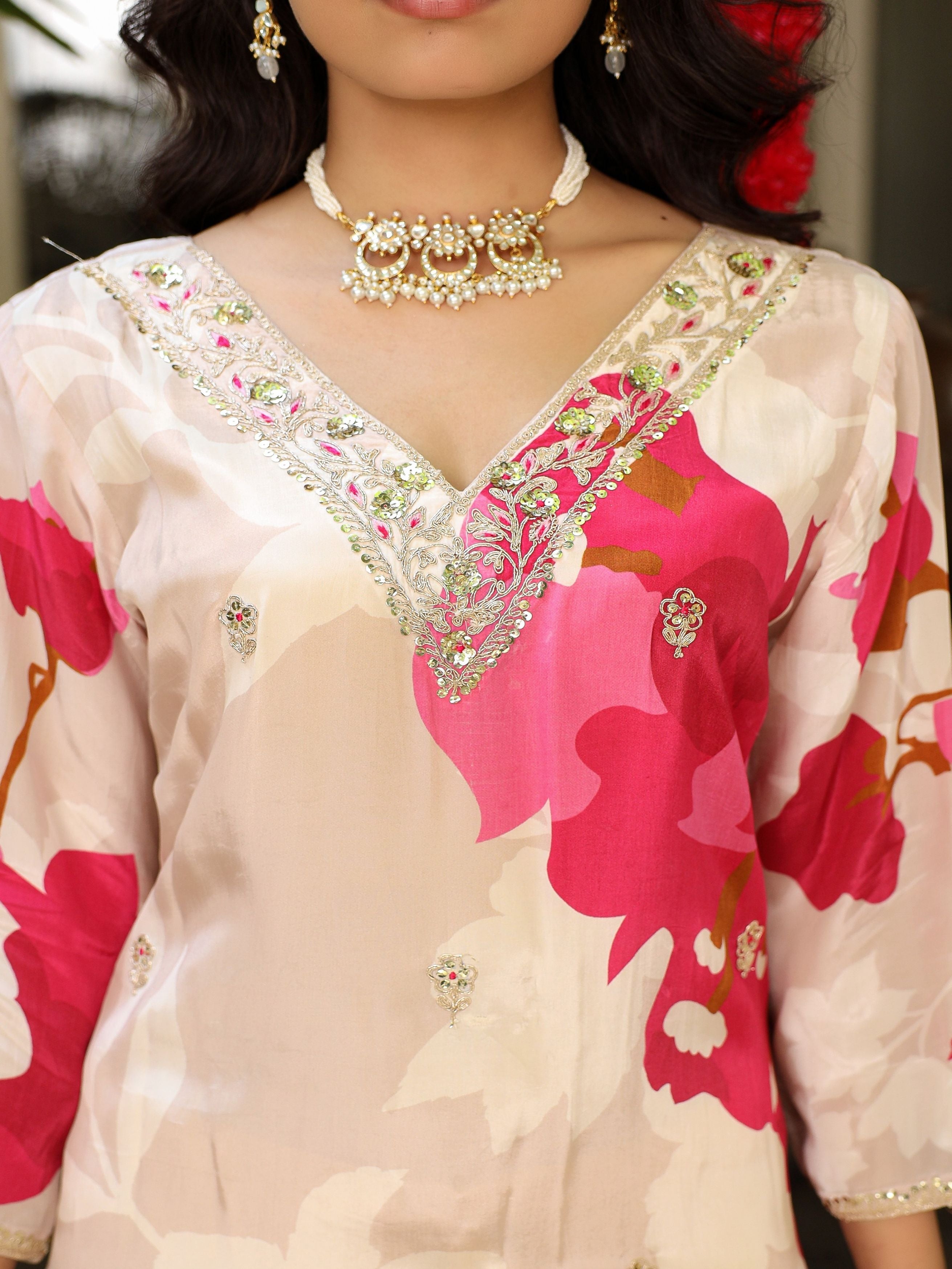 Bright Pink Embellished Muslin Silk Kurta Pant Set