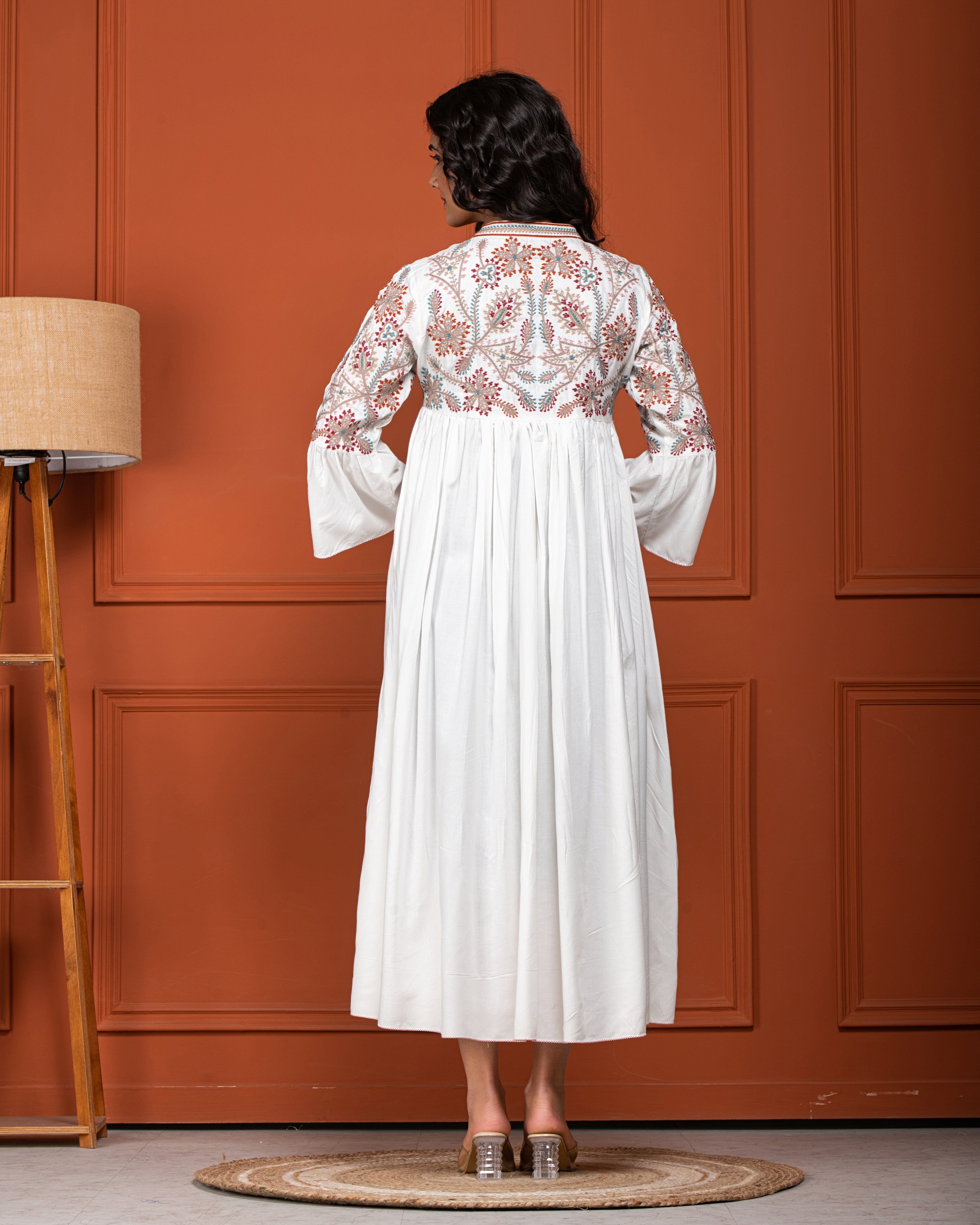 White Embroidered Cotton Silk Dress
