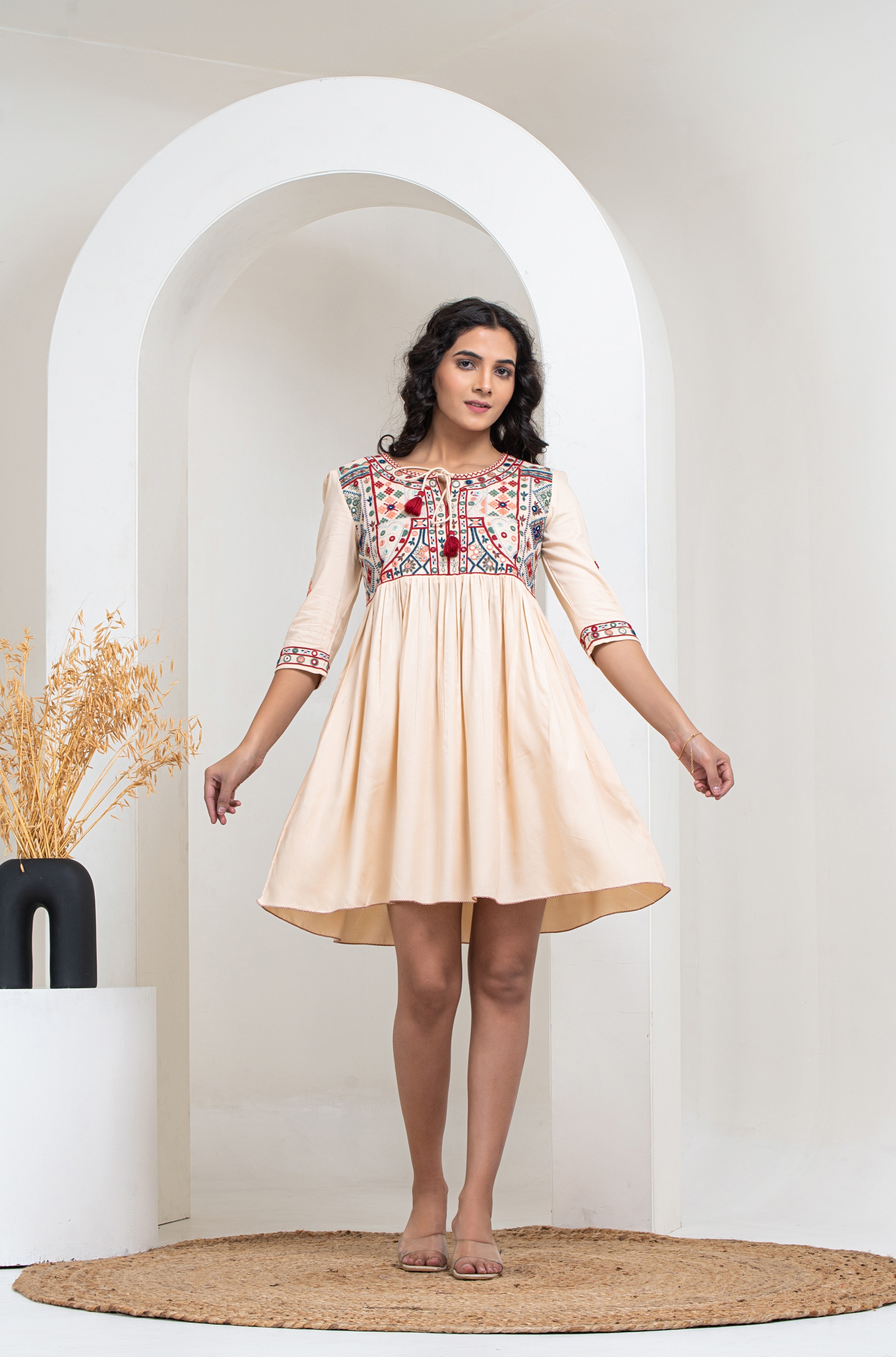 Cream Floral Embroidered Flared Short Dress
