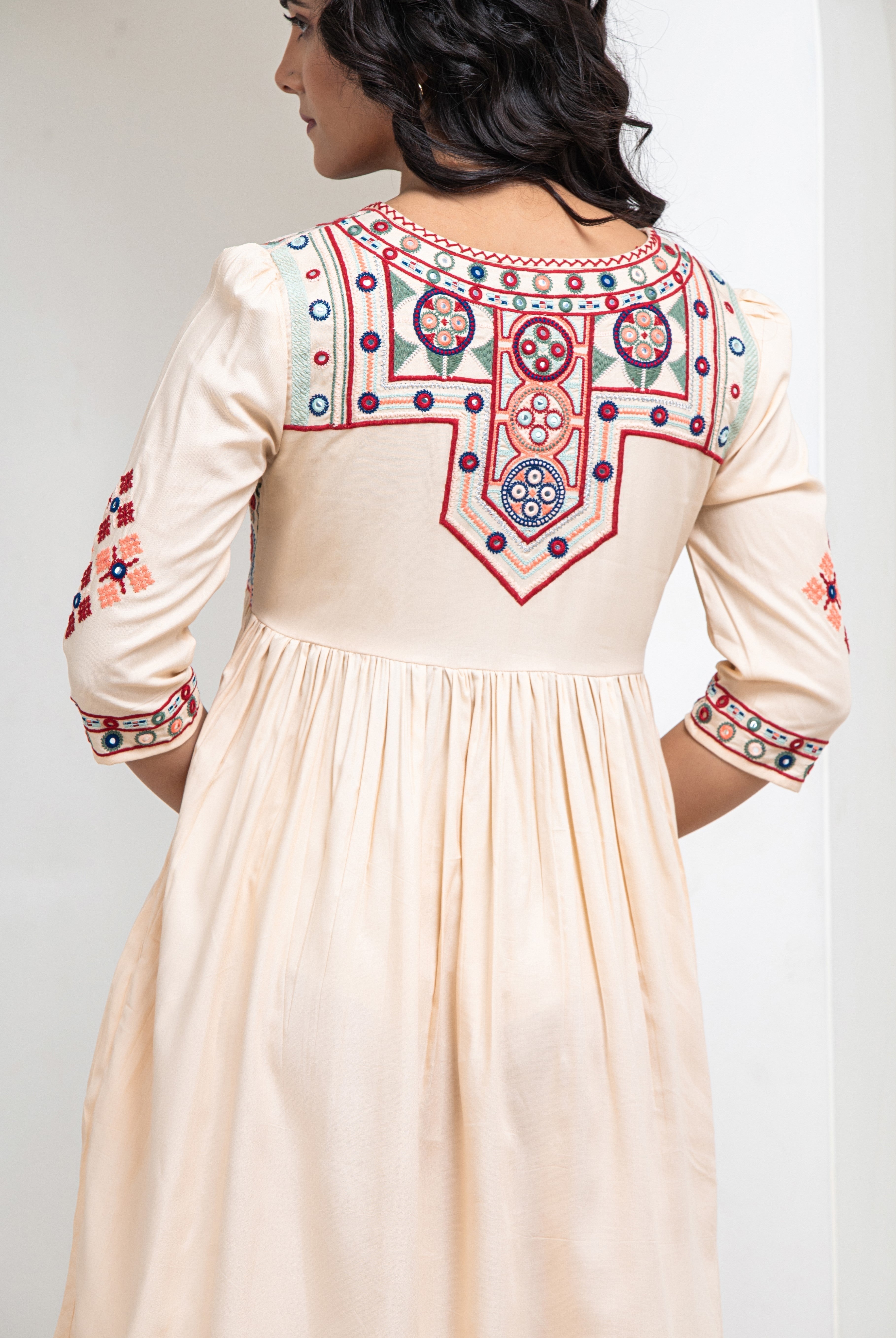 Cream Floral Embroidered Flared Short Dress