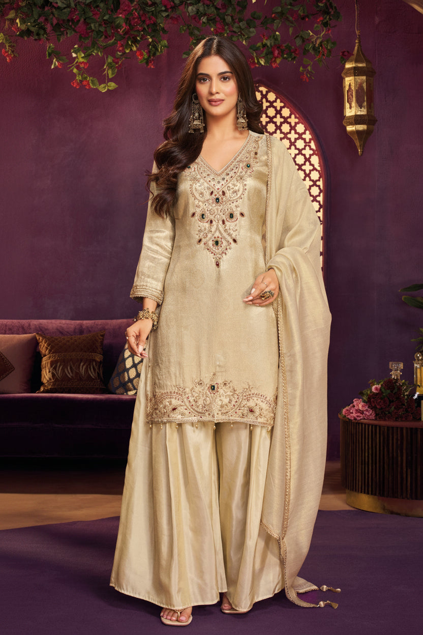 Ivory Champagne Embellished Jacquard Silk Palazzo Set