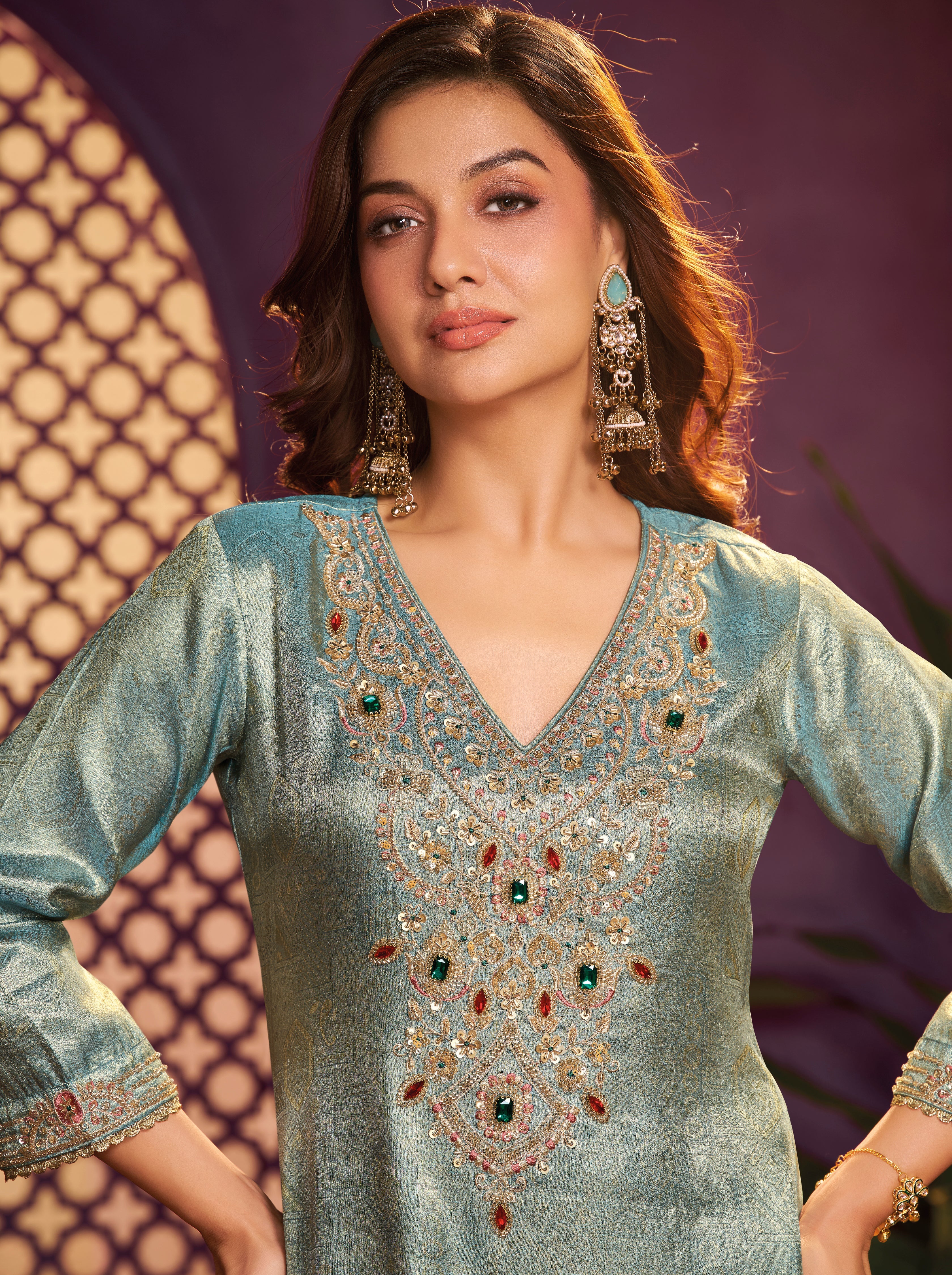 Blue Champagne Embellished Jacquard Silk Palazzo Set
