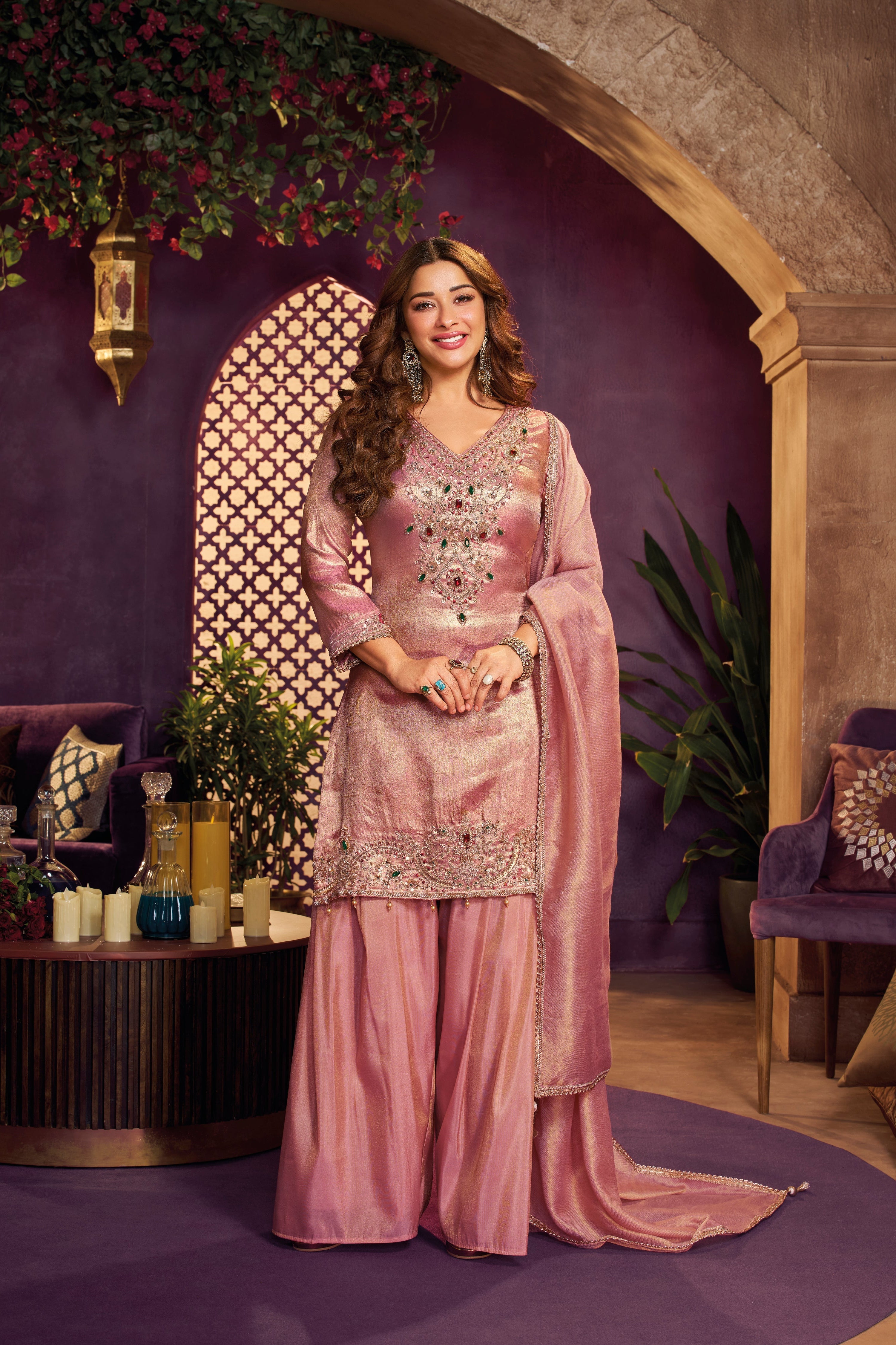 Pink Champagne Embellished Jacquard Silk Palazzo Set