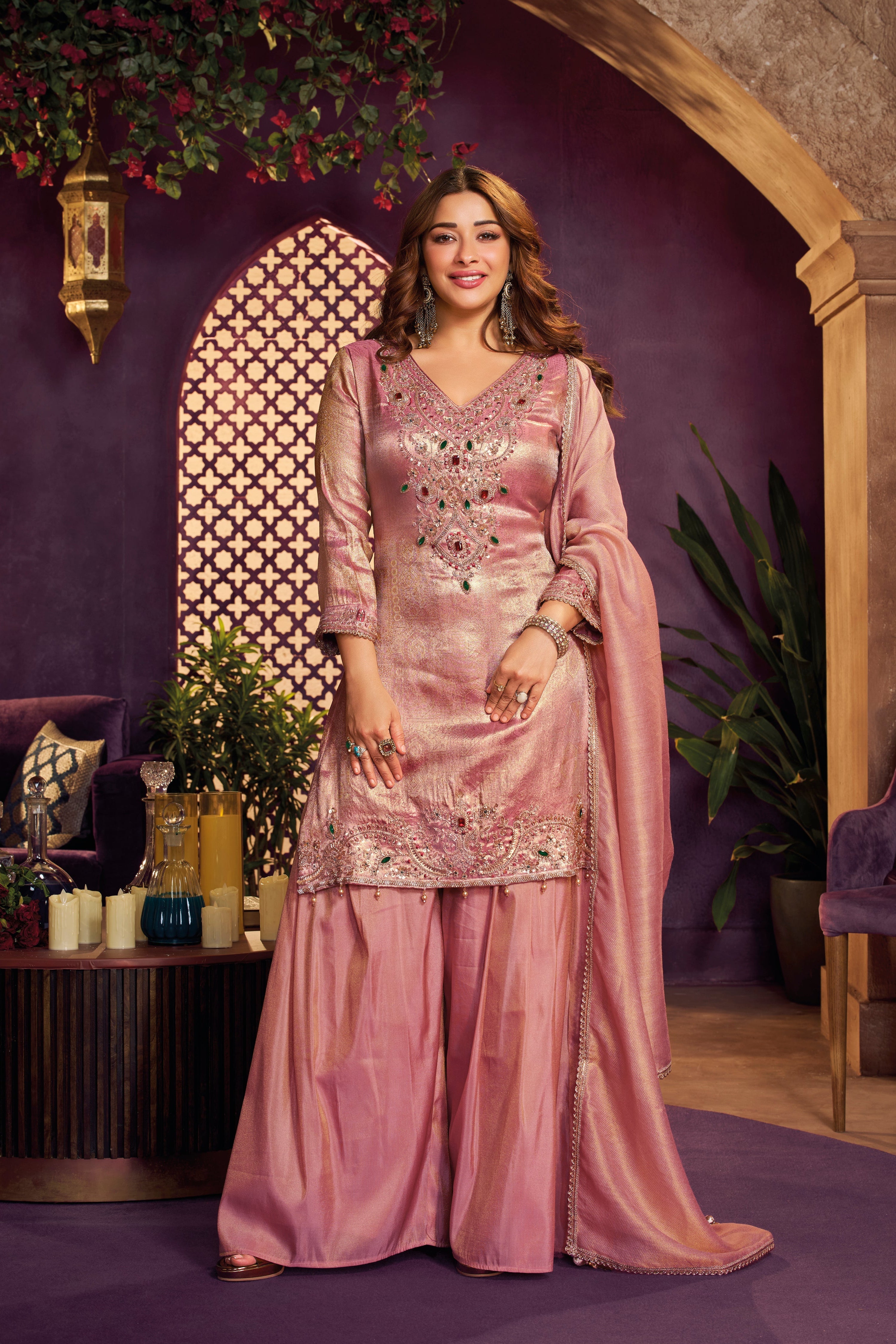 Pink Champagne Embellished Jacquard Silk Palazzo Set