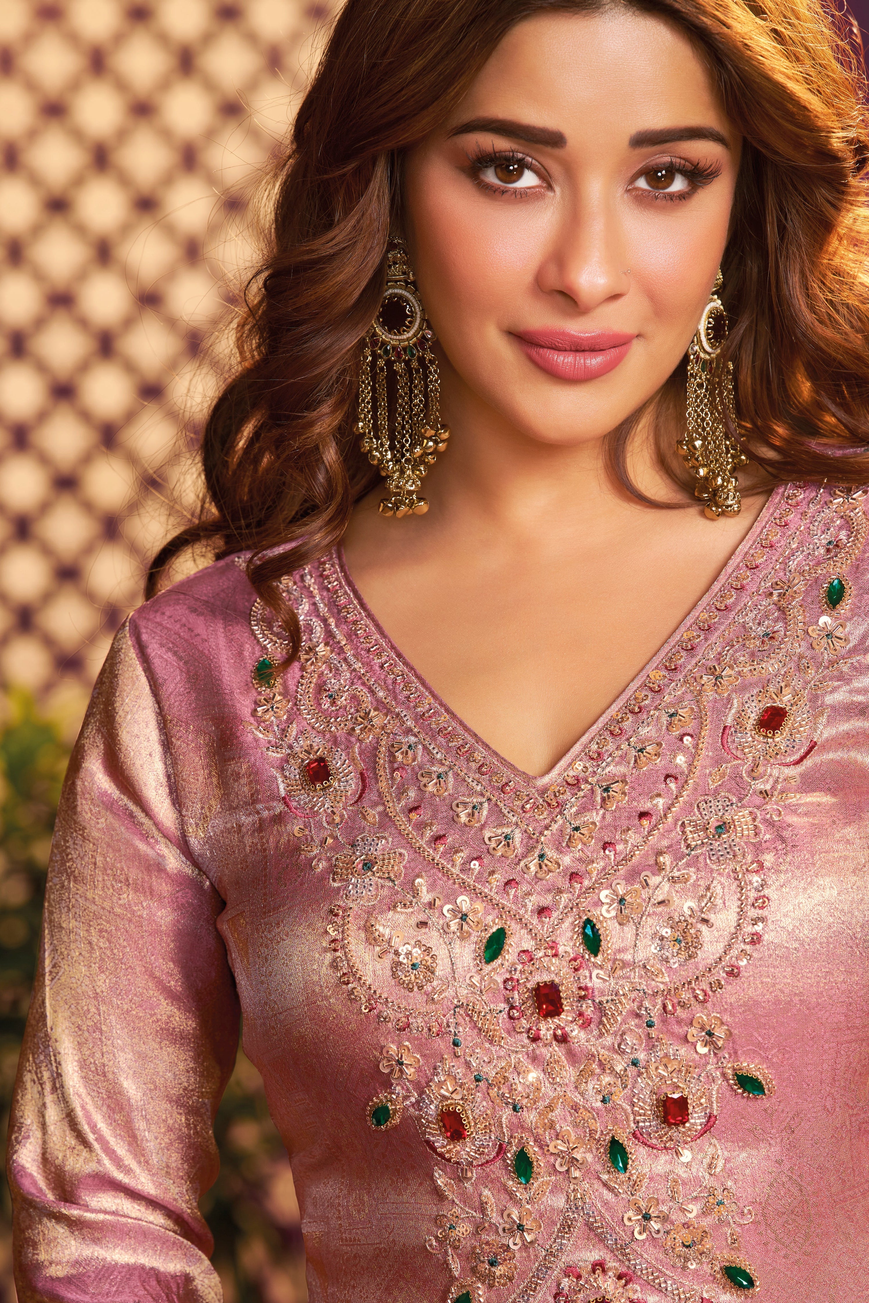 Pink Champagne Embellished Jacquard Silk Palazzo Set