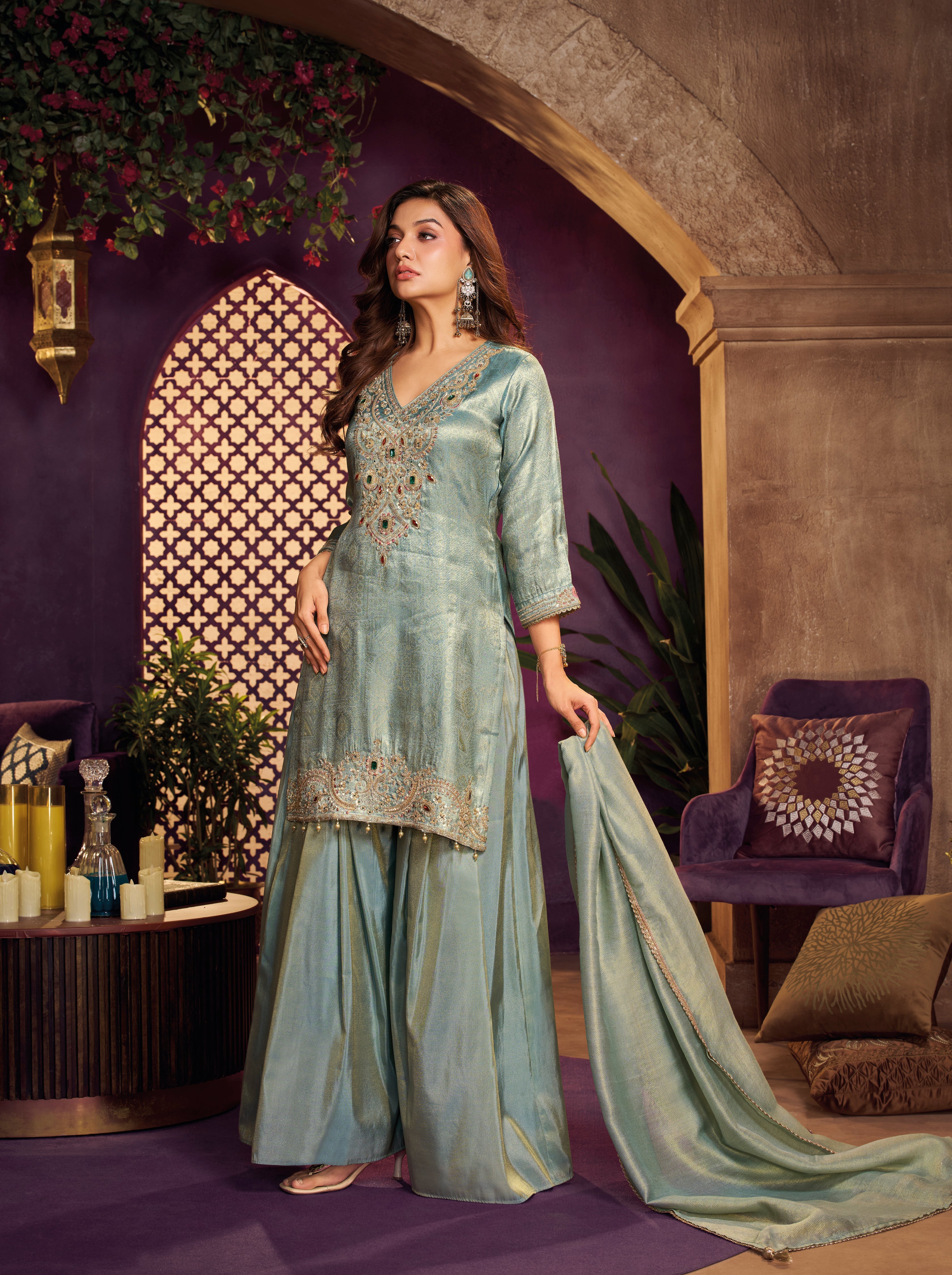 Blue Champagne Embellished Jacquard Silk Palazzo Set