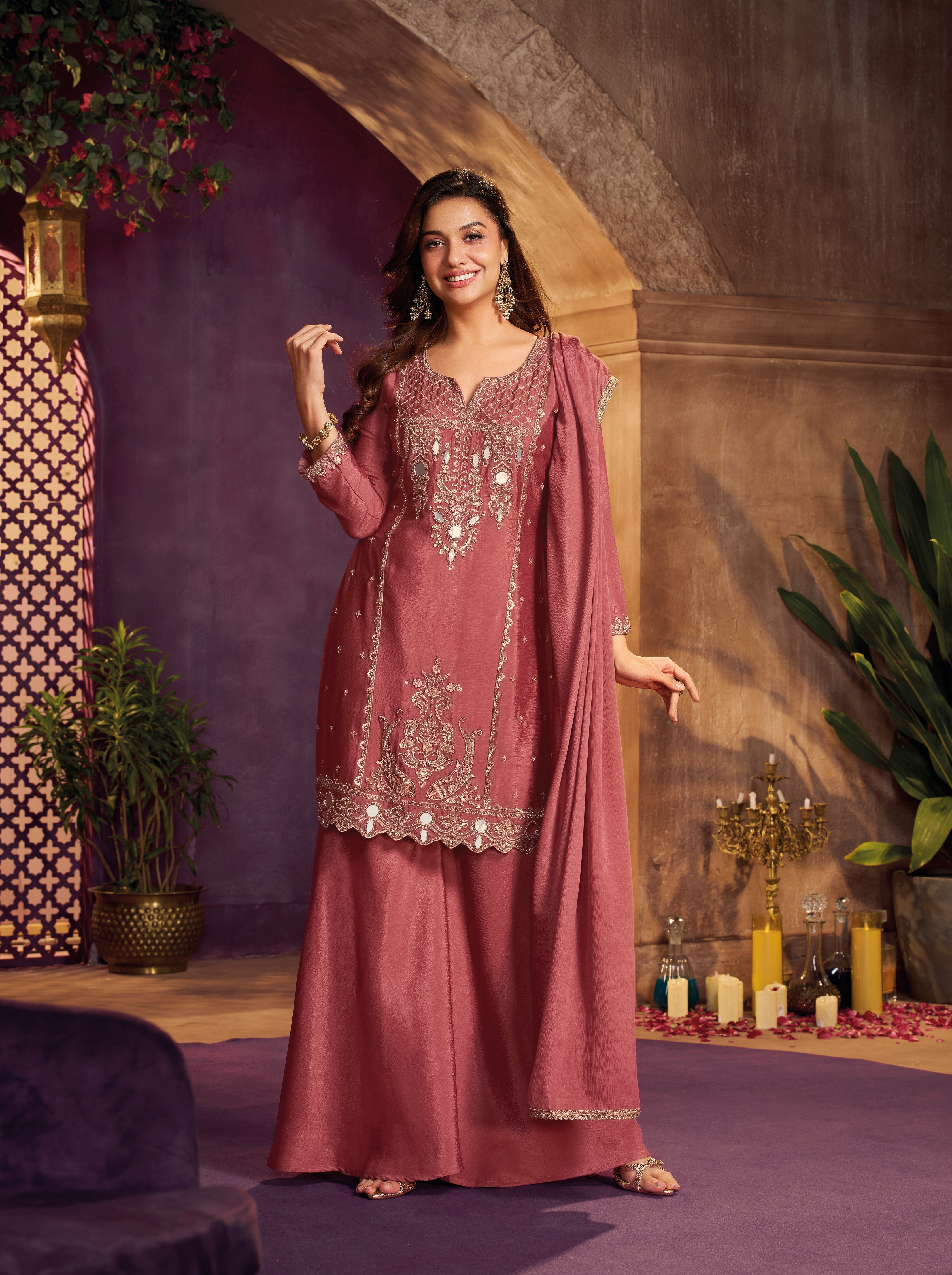 Dusty Rose Embellished Chinon Silk Palazzo Set