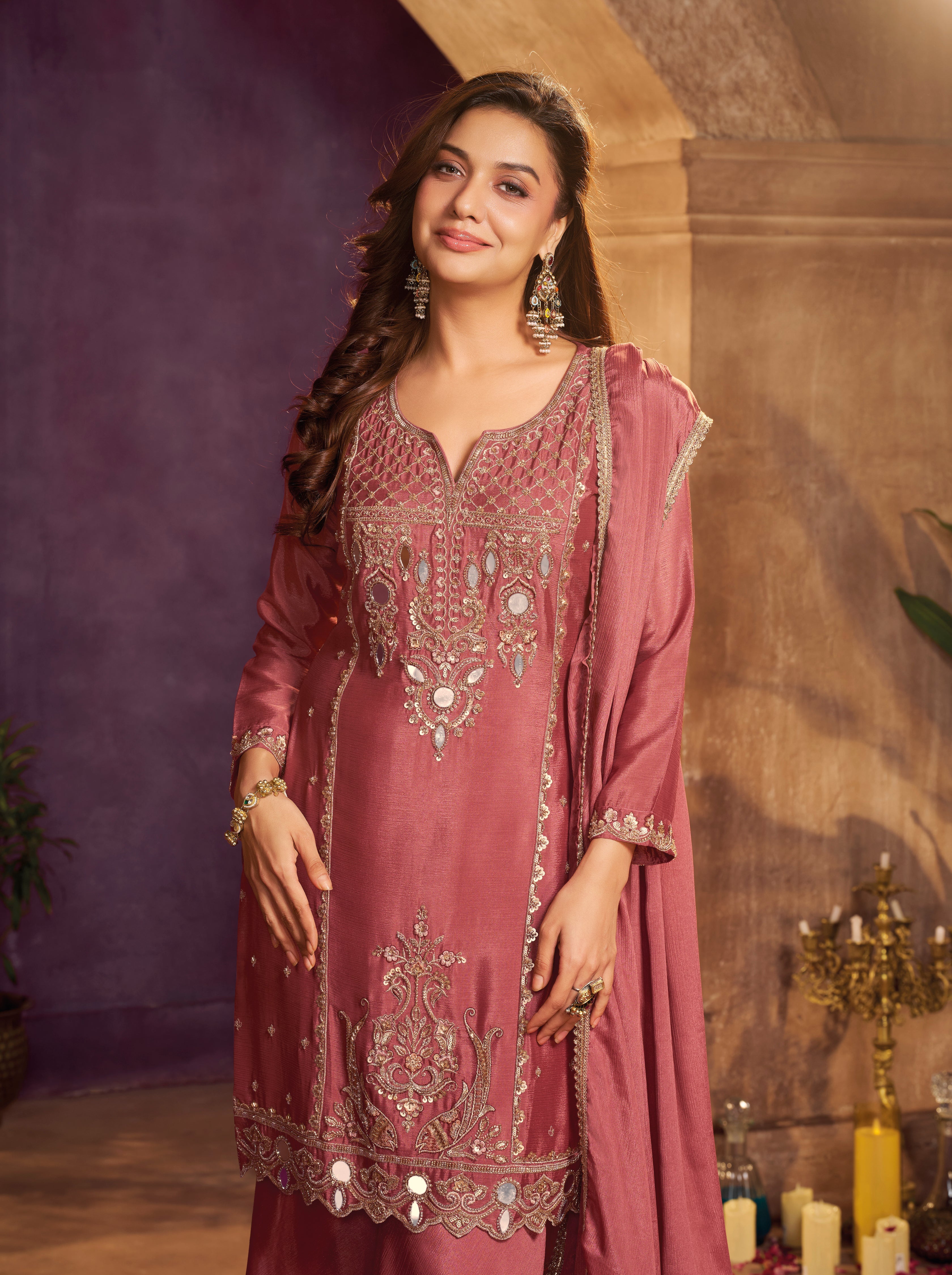 Dusty Rose Embellished Chinon Silk Palazzo Set