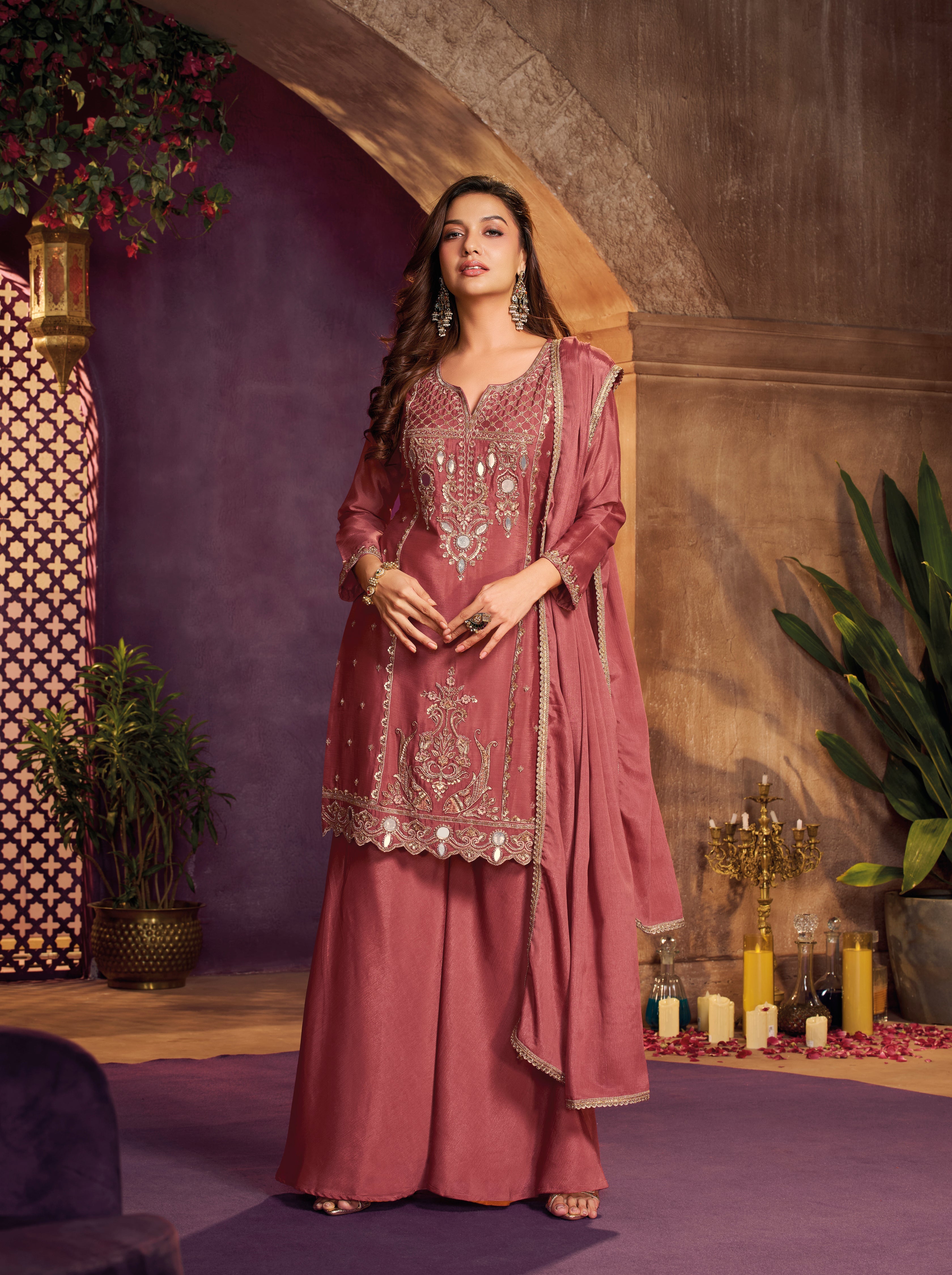 Dusty Rose Embellished Chinon Silk Palazzo Set