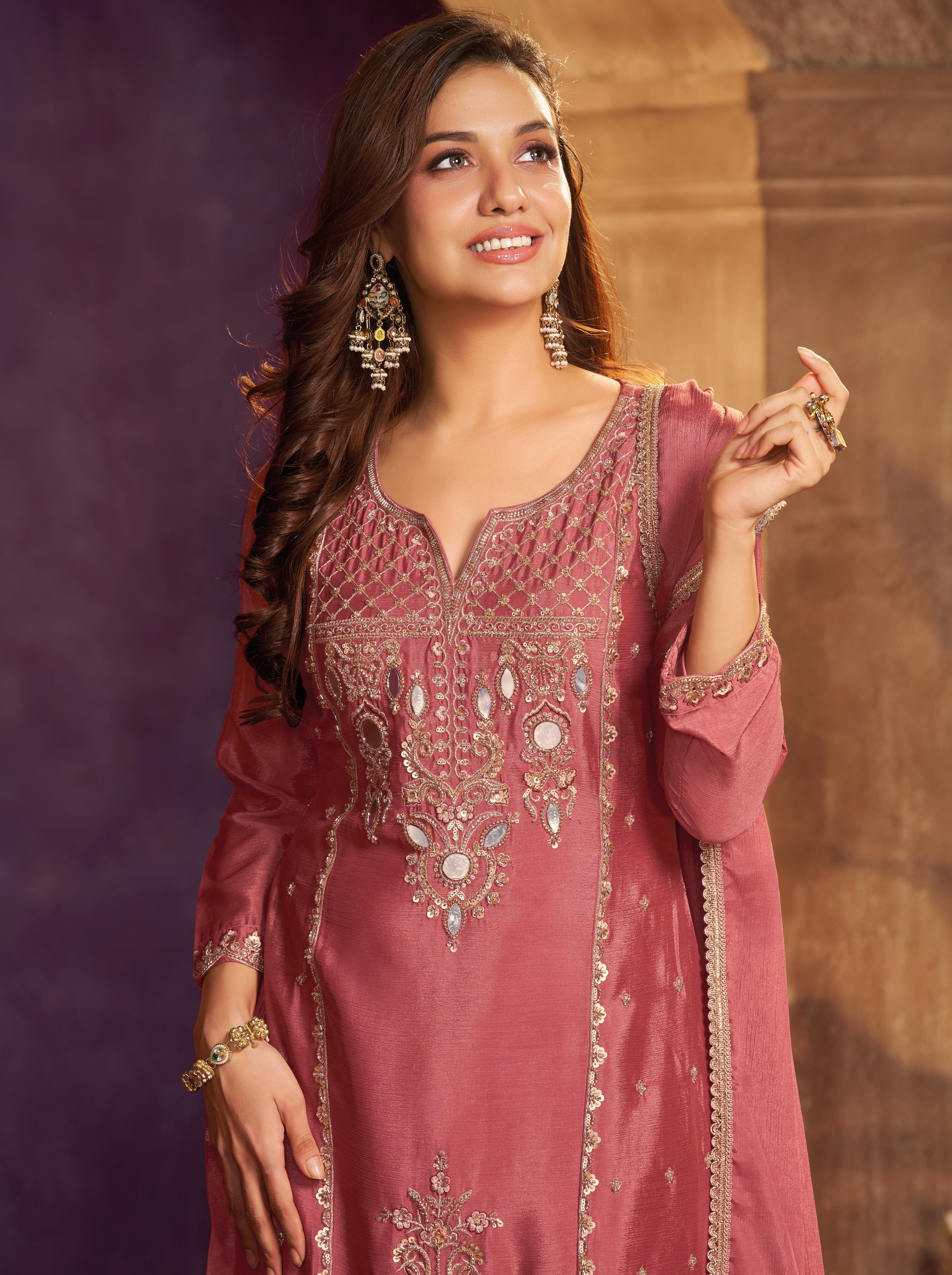 Dusty Rose Embellished Chinon Silk Palazzo Set