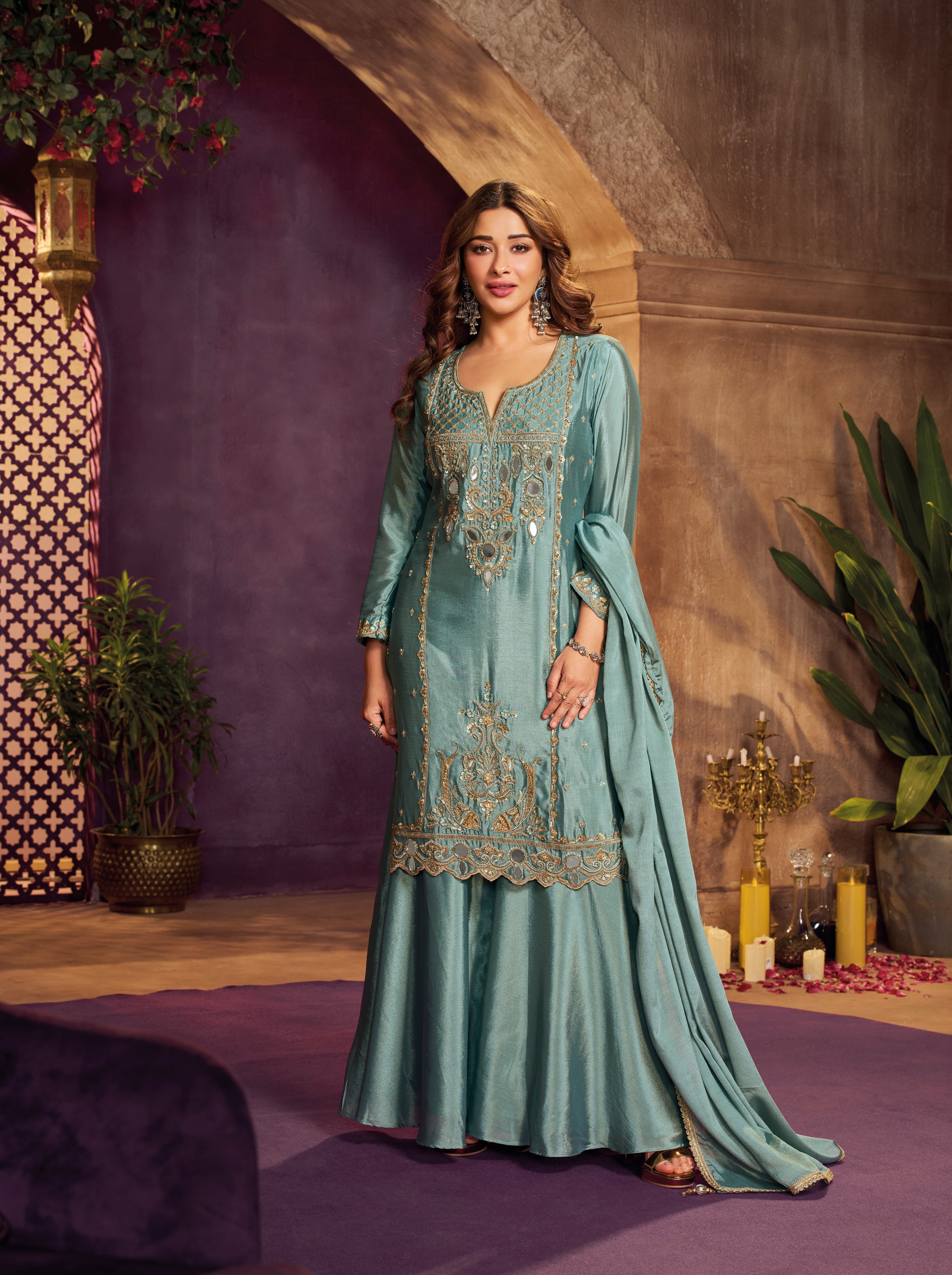 Dusty Teal Embellished Chinon Silk Palazzo Set