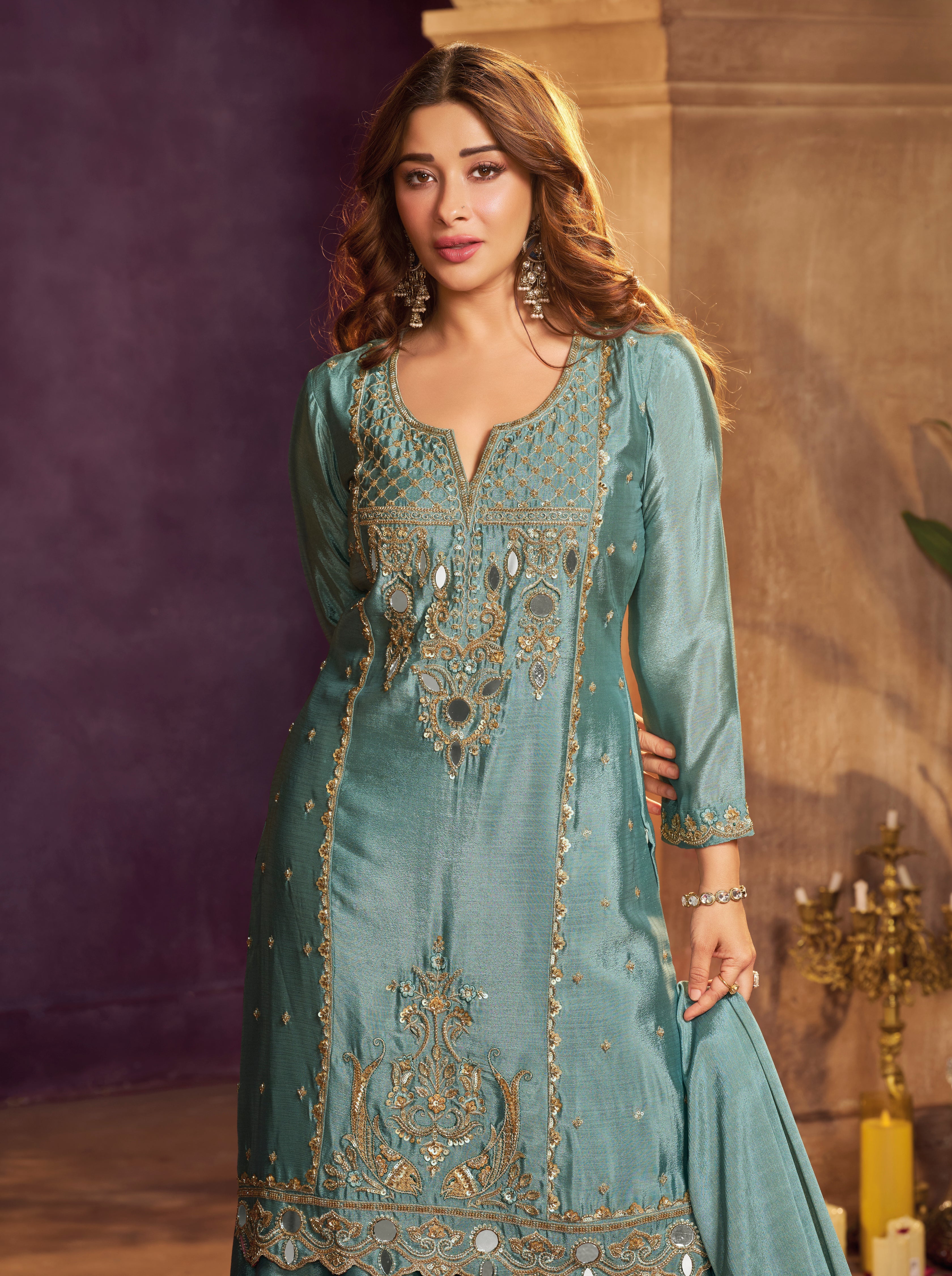 Dusty Teal Embellished Chinon Silk Palazzo Set