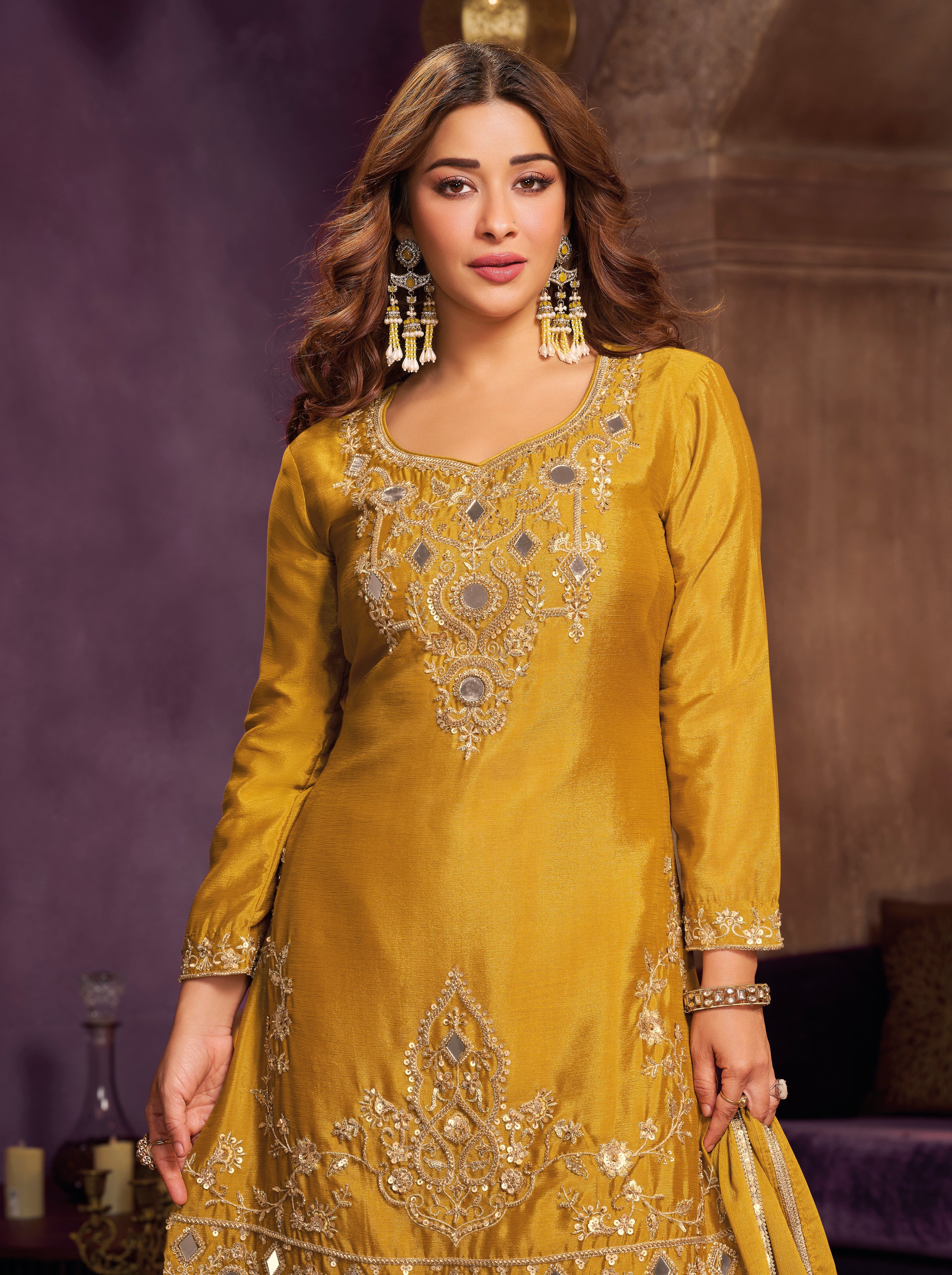 Mustard Yellow Embellished Chinon Silk Palazzo Set